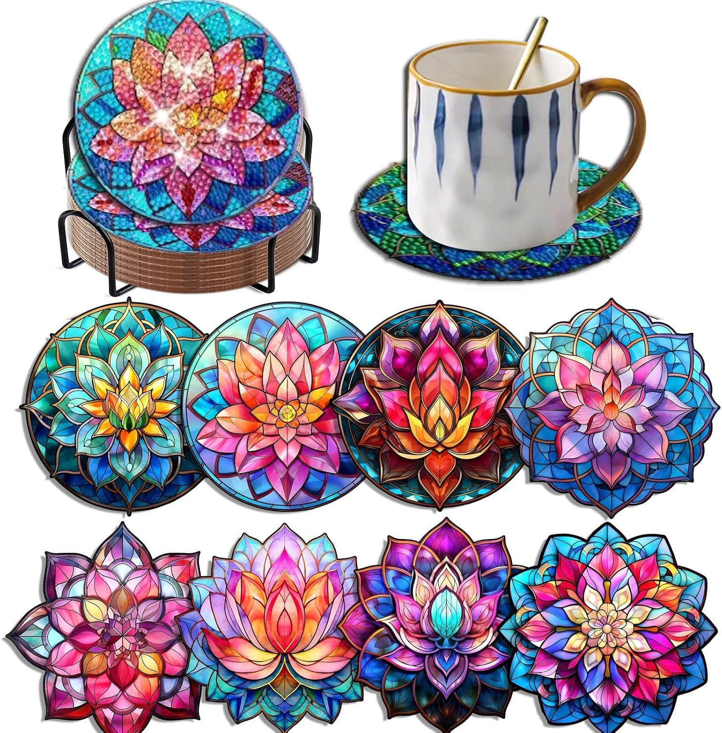 8 posavasos de diamante de loto con soporte para bricolaje, bonitos posavasos de arte de diamante de loto 5D con almohadillas de corcho para