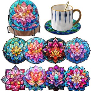 8 posavasos de diamante de loto con soporte para bricolaje, bonitos posavasos de arte de diamante de loto 5D con almohadillas de corcho para 8 posavasos de diamante de loto con soporte para bricolaje, bonitos posavasos de arte de diamante de loto 5D con almohadillas de corcho para