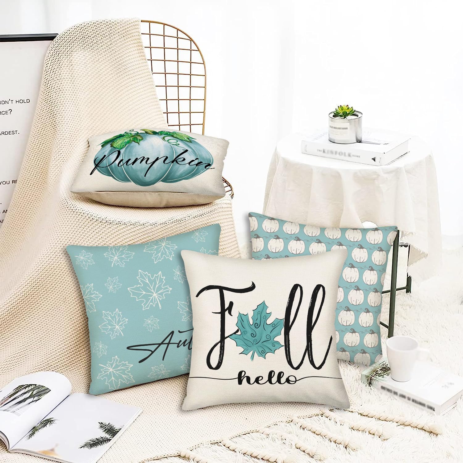 Juego de 4 fundas de almohada azules de otoño de 18 x 18 pulgadas para decoración de otoño, calabaza y hojas de arce para exteriores, almohadas