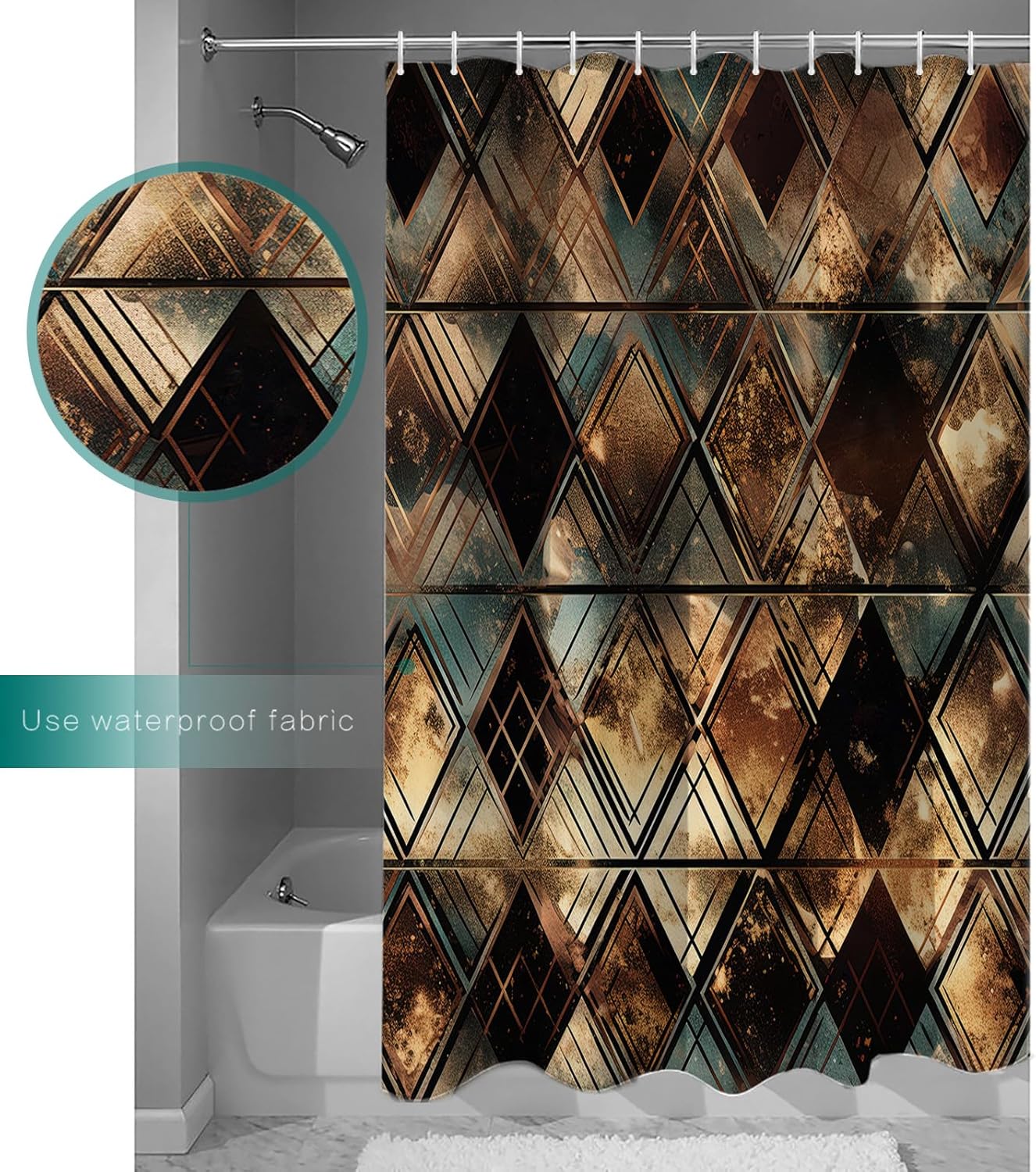 Juego de cortinas de ducha impermeables con 12 ganchos, diseño geométrico de rombos dorados, negro, azul, 72 x 72 pulgadas, cortina de ducha para