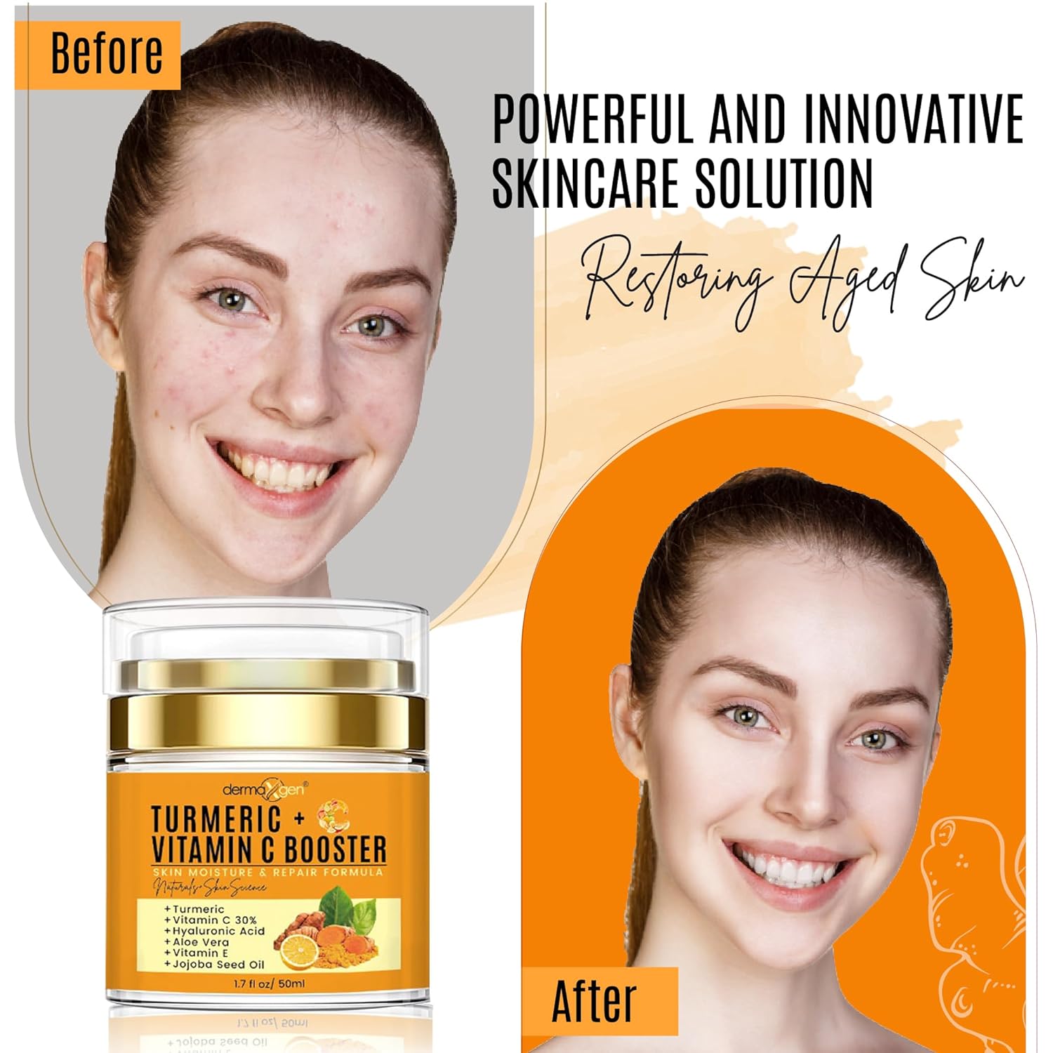 Cúrcuma + 30% vitamina C Face Glow Booster Hidratante y Crema Reparadora de la Piel – con ácido hialurónico, ingredientes orgánicos – Hidratante