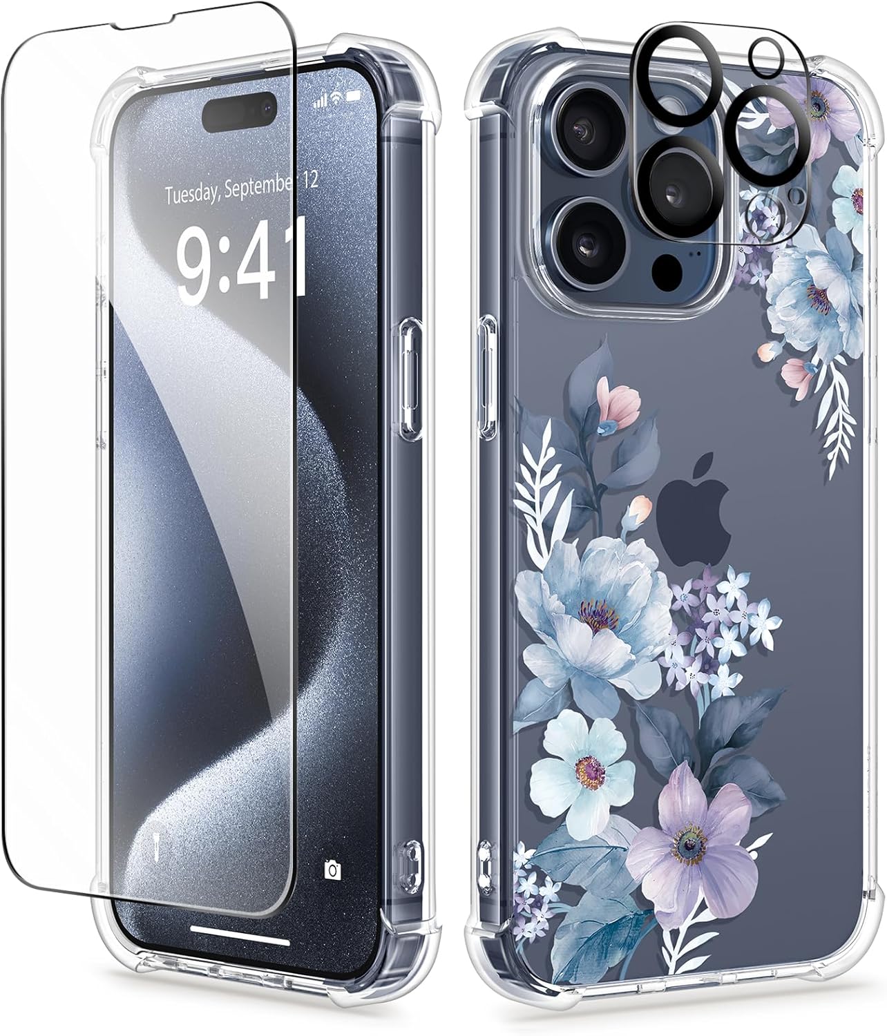 GVIEWIN Funda floral para iPhone 15 Pro Max, con 2 protectores de pantalla y 2 protectores de lente de cámara, policarbonato duro + TPU parachoques