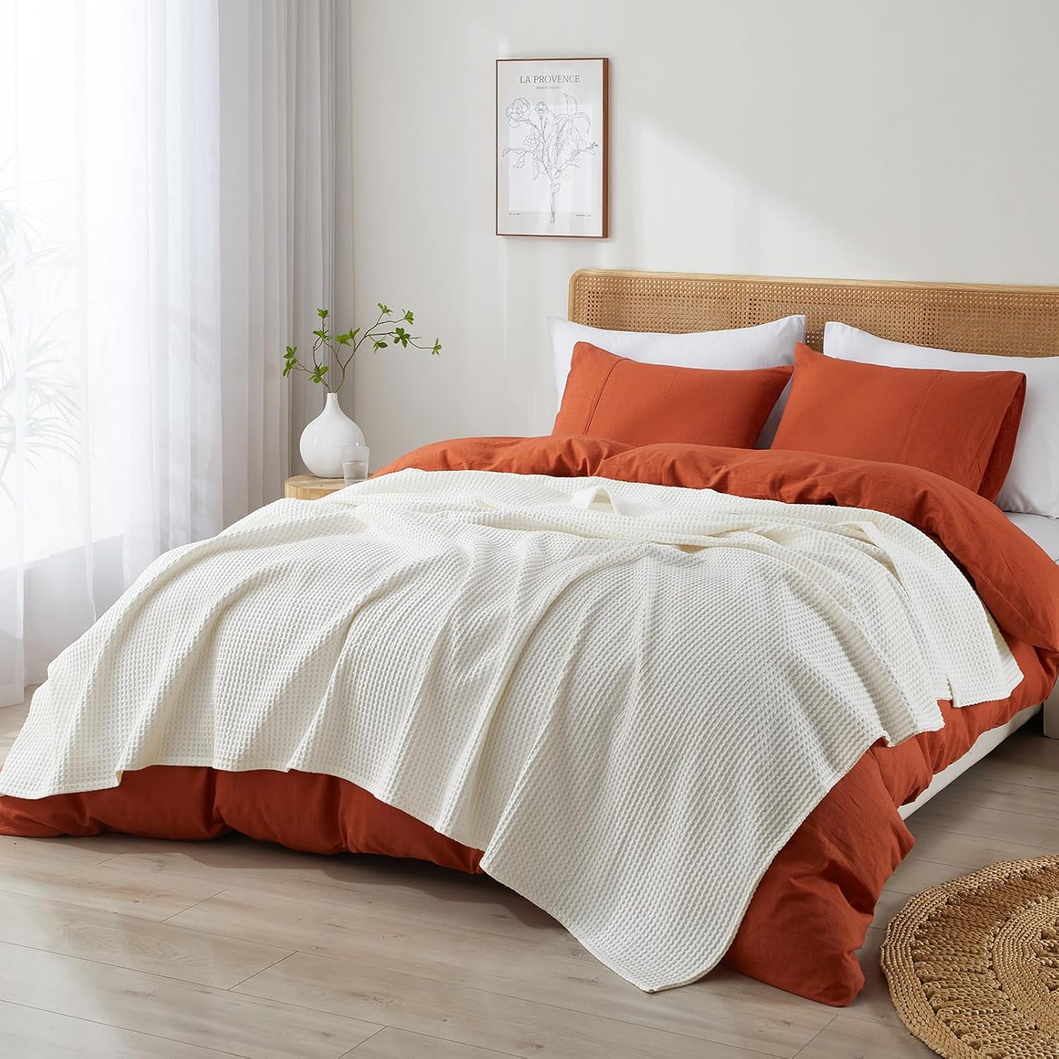 PHF Manta de tejido de gofre 100% algodón, tamaño Queen de 90 x 90 pulgadas, ligera, lavada, suave, transpirable, perfecta para el verano, gran capa
