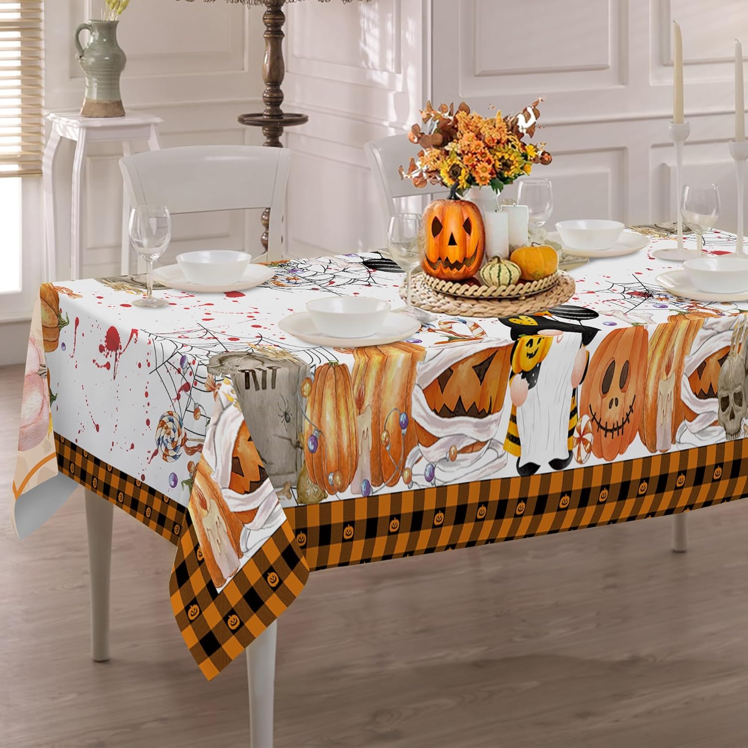 Mantel redondo de Halloween de 60 pulgadas, mantel redondo de gnomos de Halloween, mantel de calabazas de Halloween con tela de araña de gato negro,