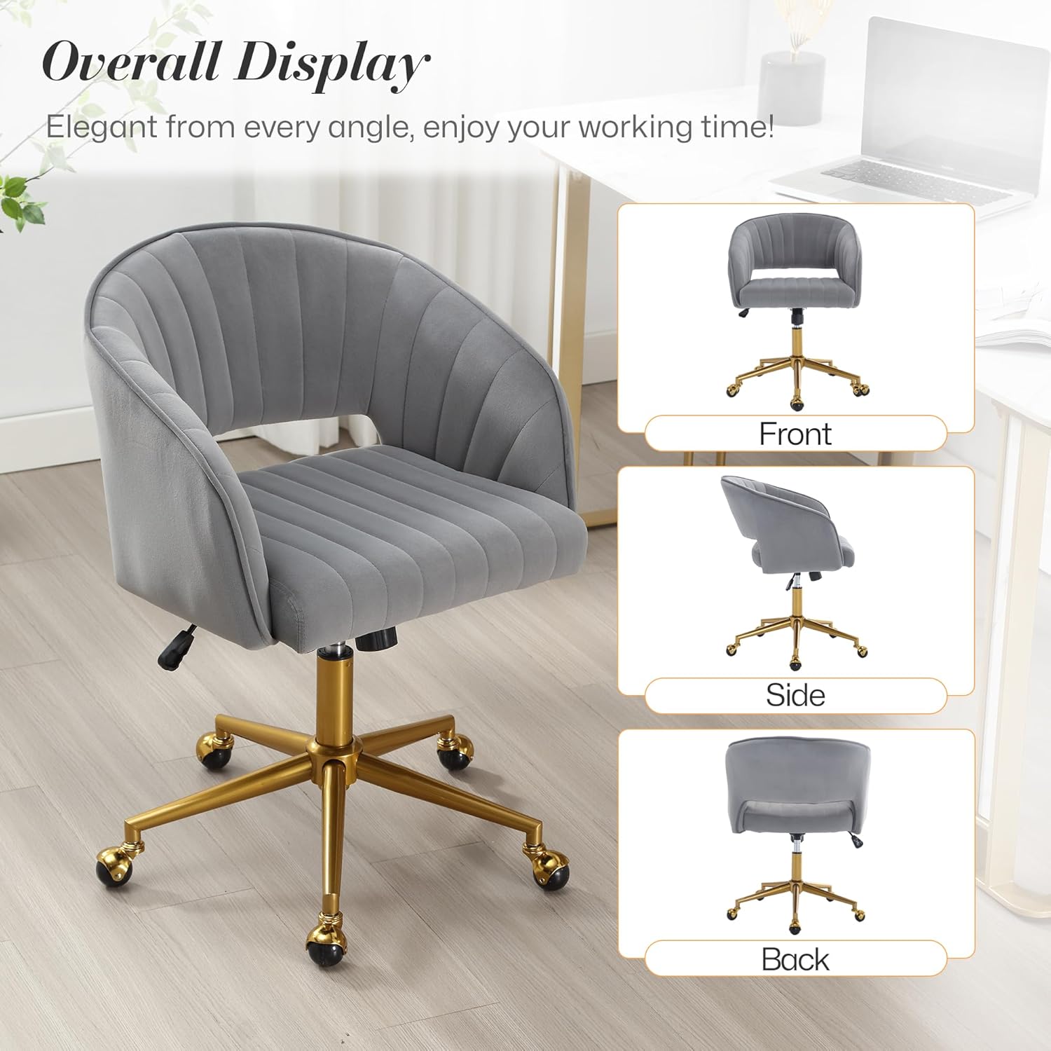 Homedraft Silla de escritorio giratoria para oficina en casa, moderna silla de escritorio de terciopelo, sillón de altura ajustable con base dorada,