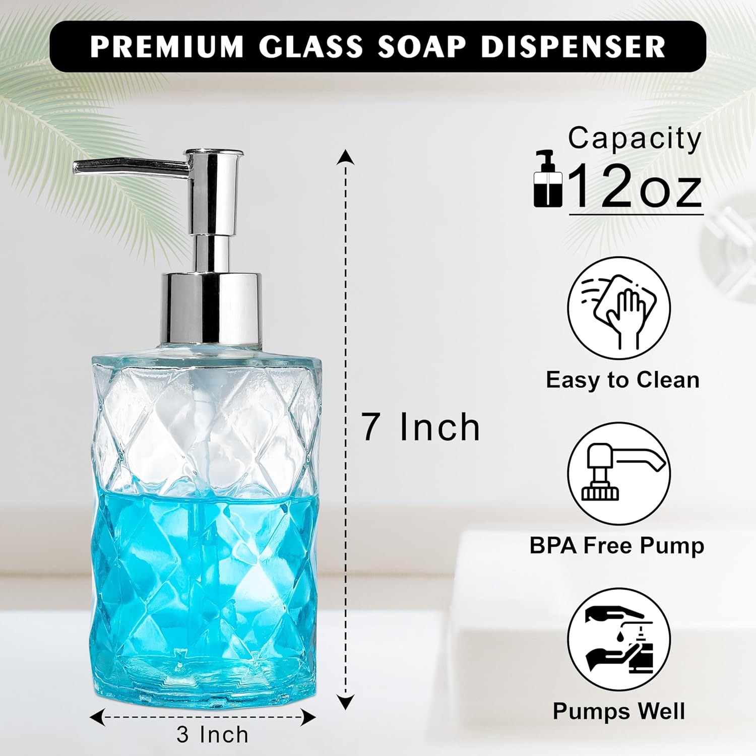 Dispensador de jabón de vidrio de 12 onzas para cocina, regalos para mamá, dispensador de jabón de manos para baño con bomba a prueba de óxido,