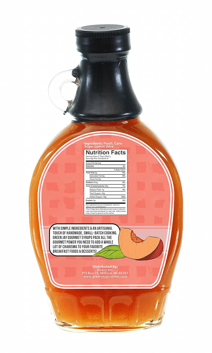 Green Jay Gourmet Jarabe de durazno  Jarabe de desayuno premium de 3 ingredientes con duraznos frescos, azúcar de caña y jugo de limón, jarabe de