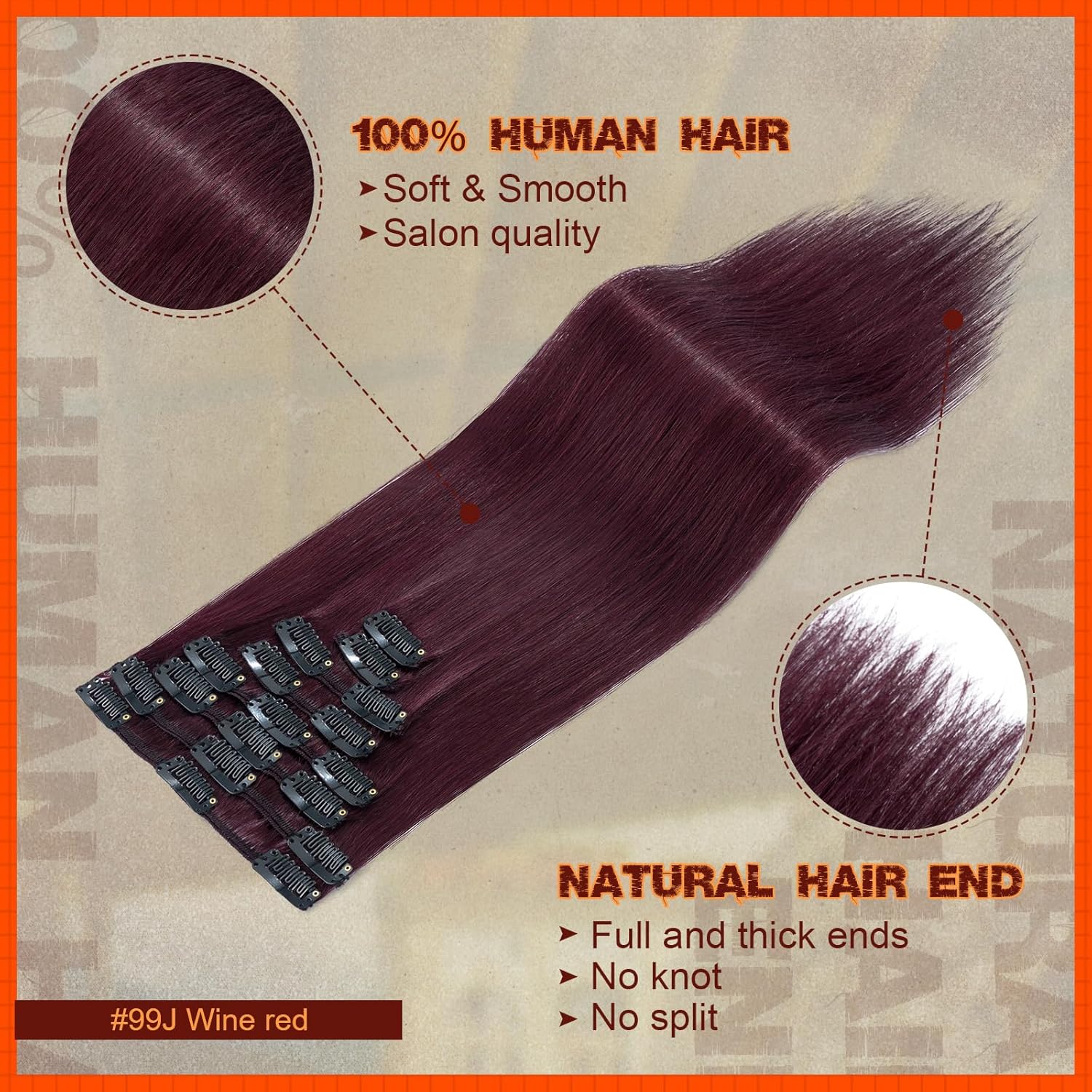 Benehair Extensiones de cabello humano real con clip, color rojo vino, 24 pulgadas de largo, lacio, Remy natural, cabeza completa, 8 unidades, 18