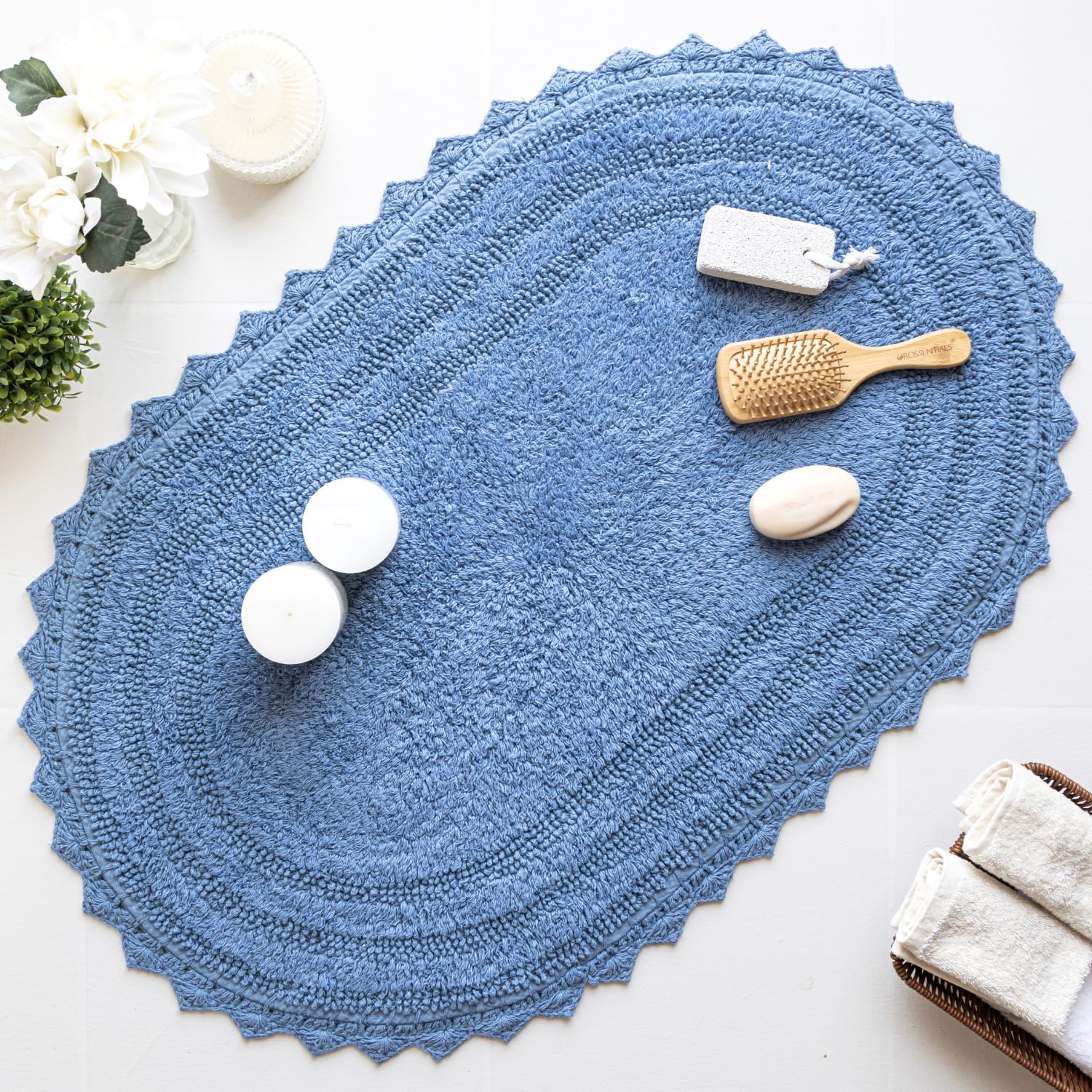 RAJRANG – Alfombra de baño ovalada azul parisino de 24 x 17 pulgadas, paquete de 2 tapetes de baño reversibles de ganchillo de algodón para