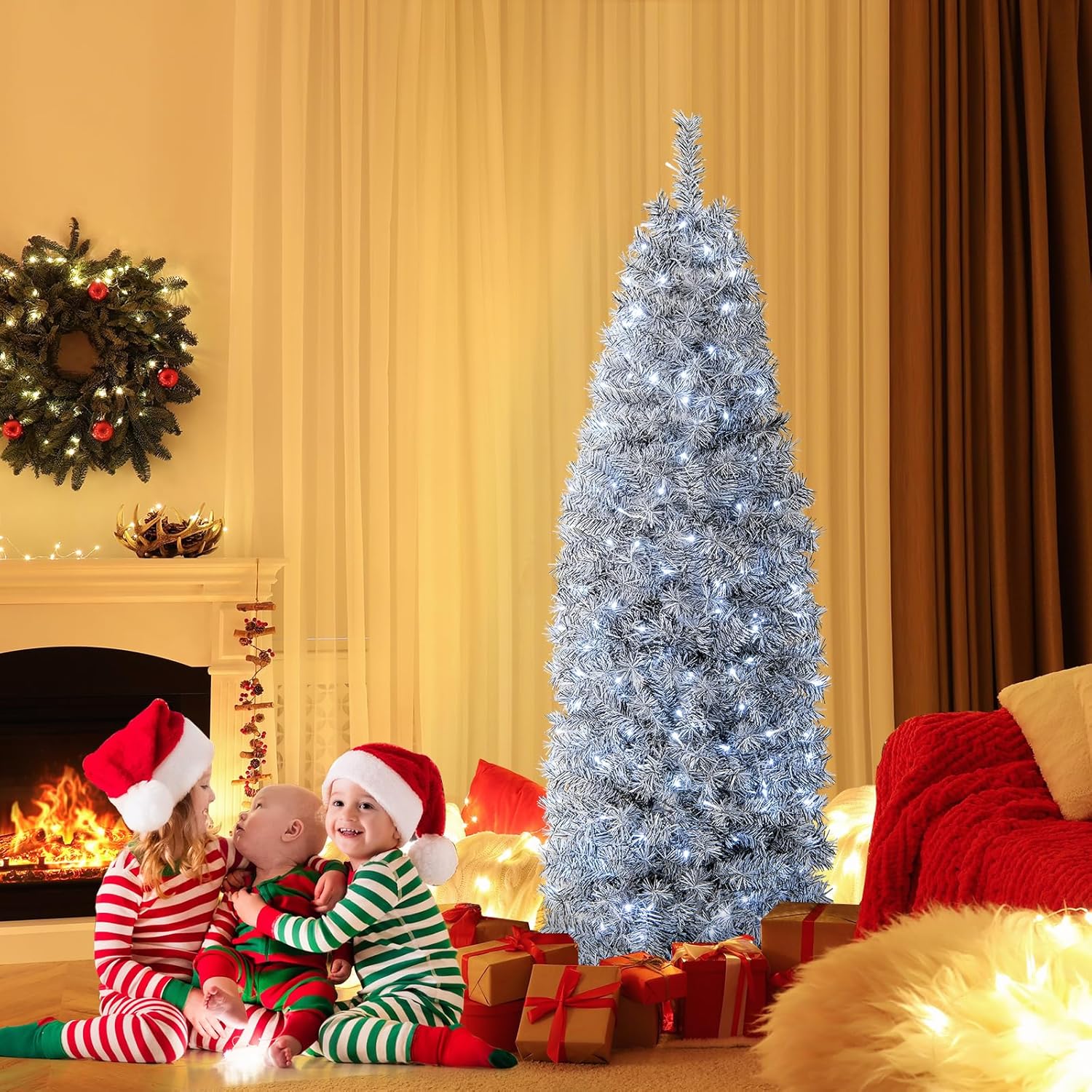 HAPPYGRILL Árbol de Navidad artificial preiluminado de 6 pies, árbol de Navidad con bisagras con 475 puntas de rama, 250 luces LED blancas frías,
