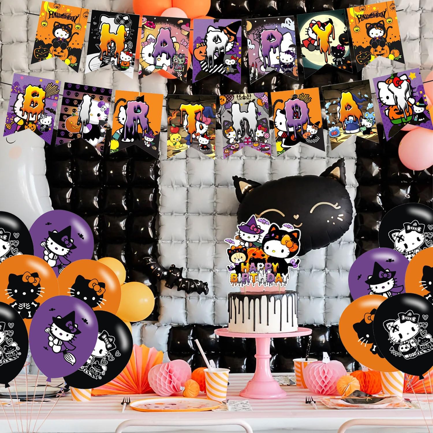 Decoración de fiesta de Halloween, suministros de cumpleaños para Skelebones de Halloween, incluye pancarta, decoración de tarta, 12 adornos para