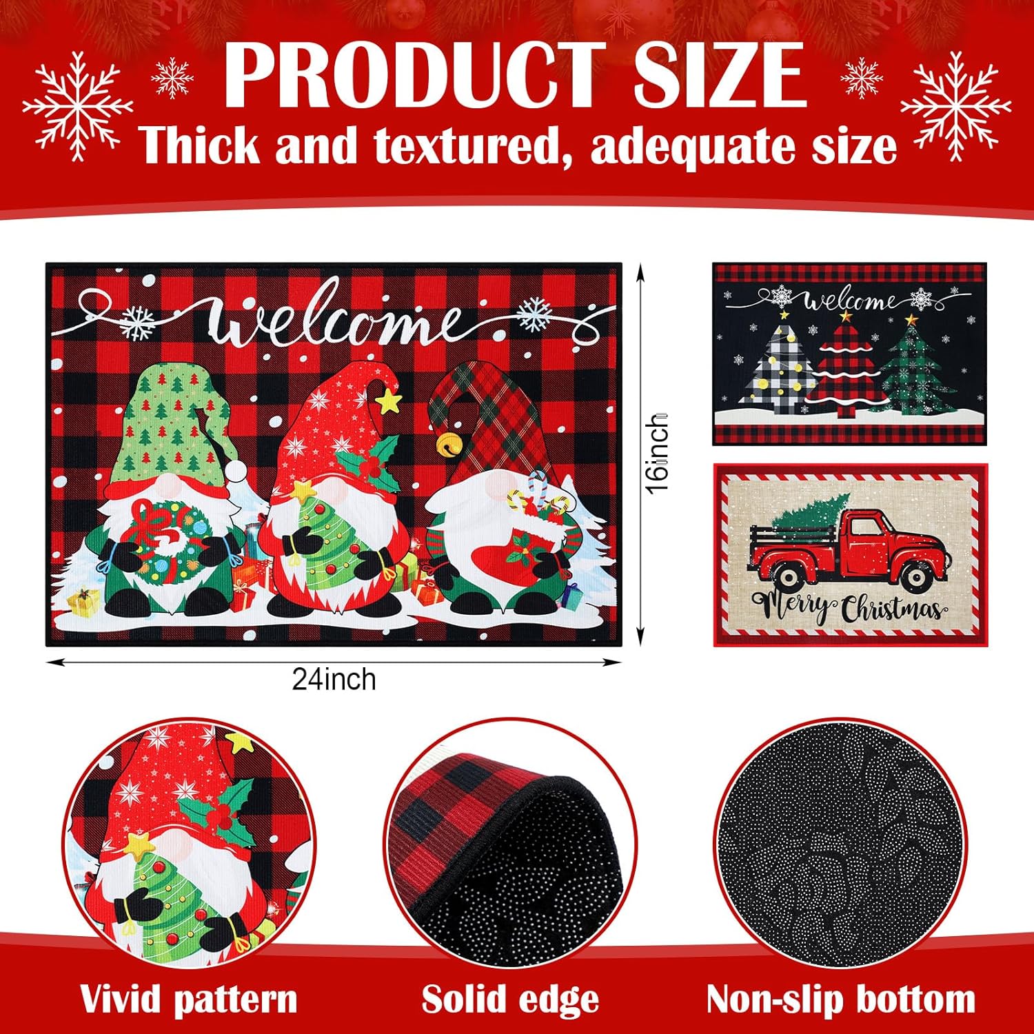 Geelin 3 tapetes de Navidad con gnomo de bienvenida, para árbol de Navidad, camión, para interiores y exteriores, tapete antideslizante para porche