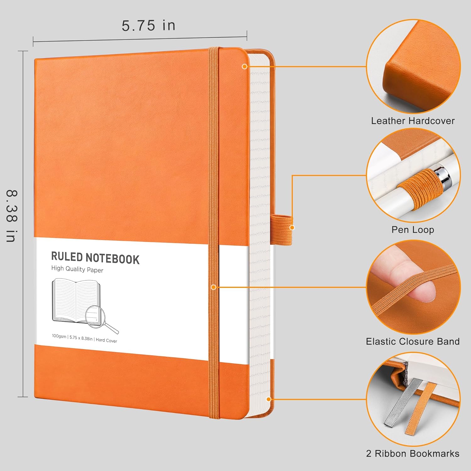 RETTACY Cuaderno de rayas universitarias con 320 páginas numeradas, diario grueso A5 para escribir, cuaderno rayado con papel rayado de 3.53 ozm,