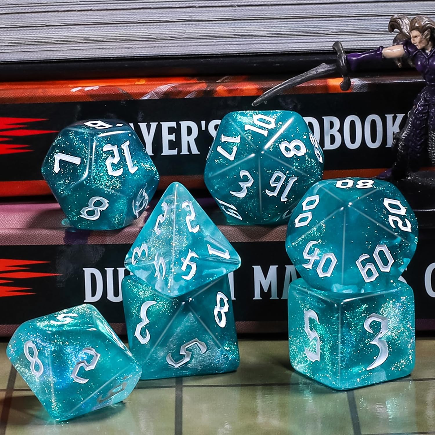 CiaraQ DND – Juego de dados poliédricos para juegos de rol de Dungeons and Dragons RPG MTG, con 1 bolsa de dados (aguamarina + brillantina)