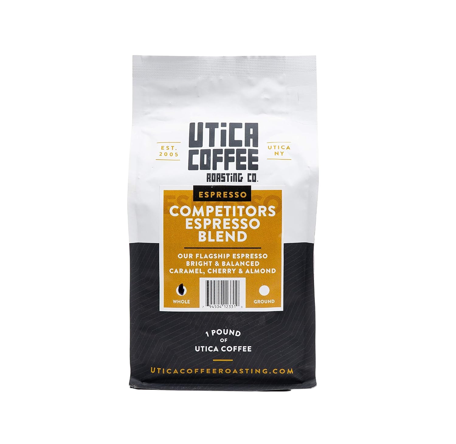 Utica Coffee Roasting Co. Competitor’s Espresso Blend  Café de grano entero de tostado medio especial  Bolsa resellable de 16 onzas