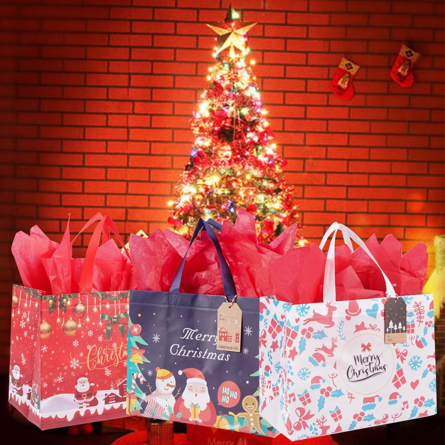 Ranfashiong 10 bolsas reutilizables de Navidad no tejidas con papel de seda para envolturas de fiestas de Navidad, bolsas de regalo de compras de