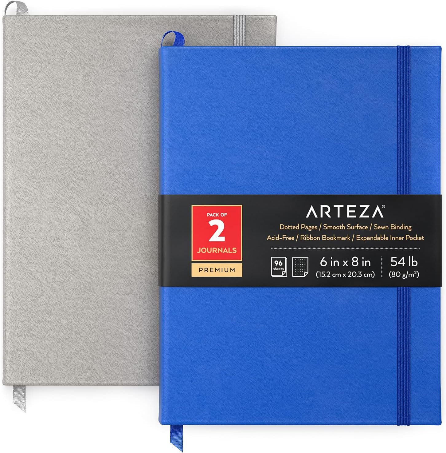 Arteza – Paquete de dos diarios de 6pulgadas x 8pulgadas, 96 hojas, color azul cobalto y gris, con tapa dura, papel de puntos suave para escribir o
