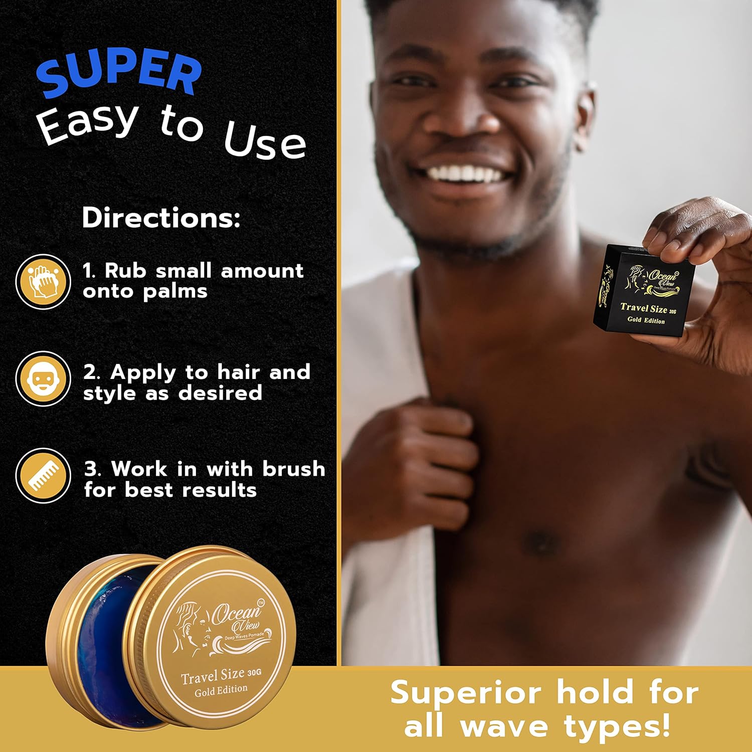 OCEAN VIEW DEEP WAVES POMADE, Pomadas constructoras de ondas a base de agua, grasa de 360 ondas para hombres hidrata, controla y estiliza el cabello