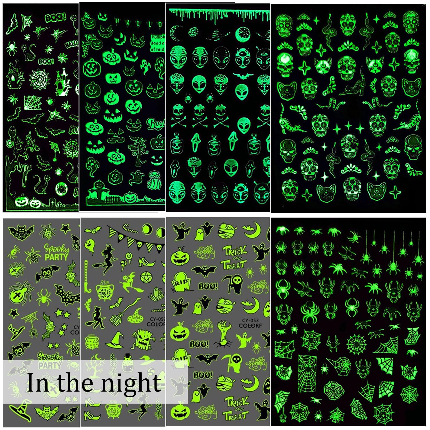 Calcomanías luminosas para arte de uñas de Halloween, 8 piezas que brillan en la oscuridad, calavera, fantasma, araña, calabaza, extraterrestre,
