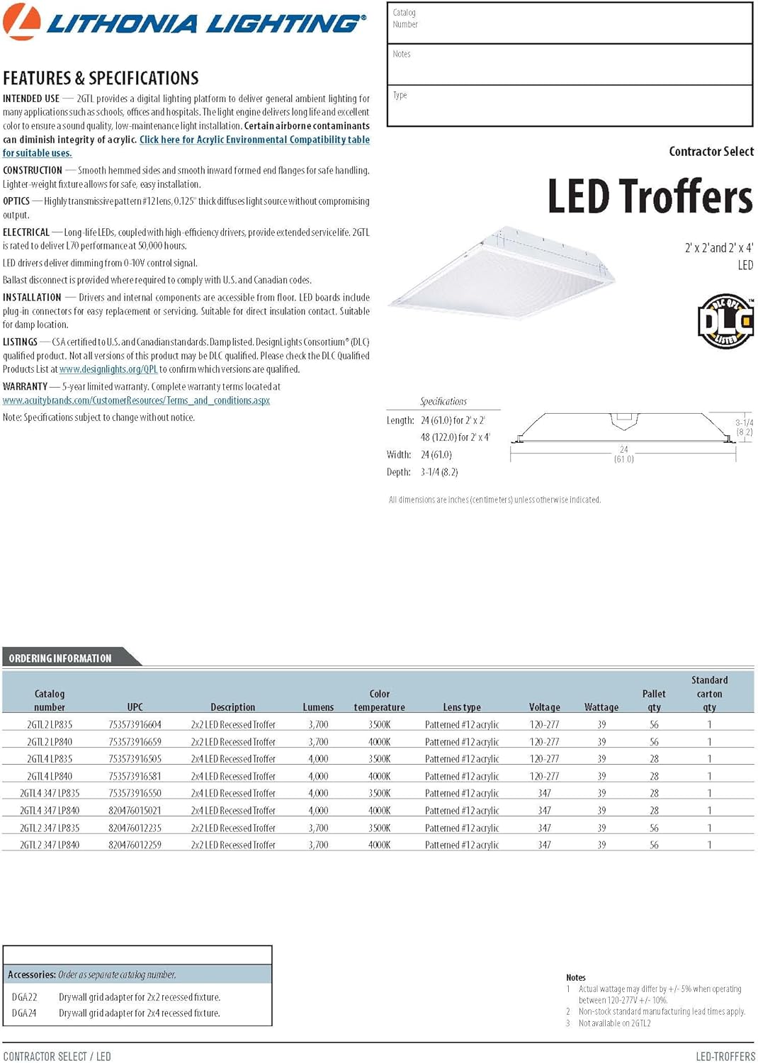 Lithonia Lighting 2GTL4 LP840 – Troffer de brillo LED de uso general, 4000k, 39 vatios, 4000 lúmenes, 4 pies, color blanco