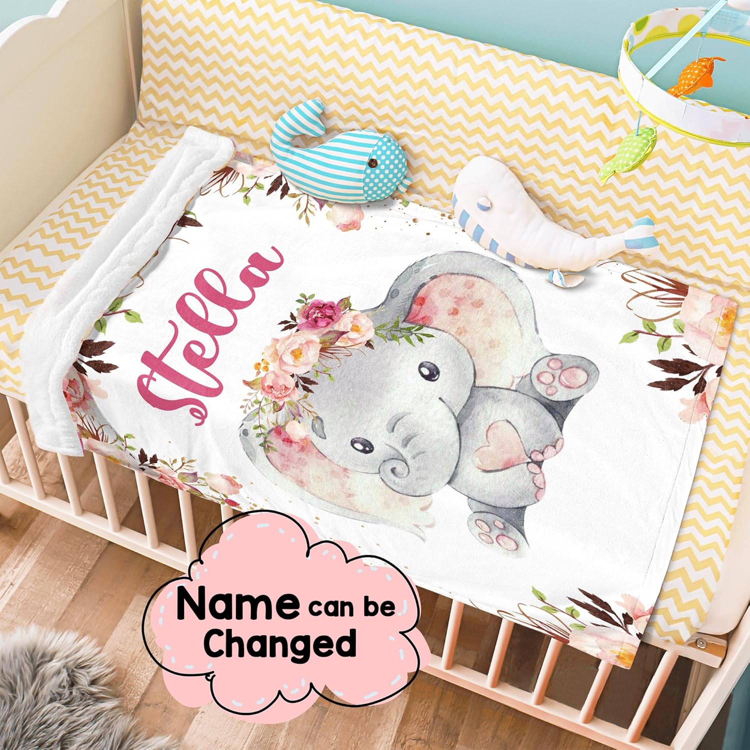 J&SBGFT Manta personalizada para bebé niña, manta de bebé personalizada, manta de envoltura con nombre de niña, mantas de recepción de elefante,