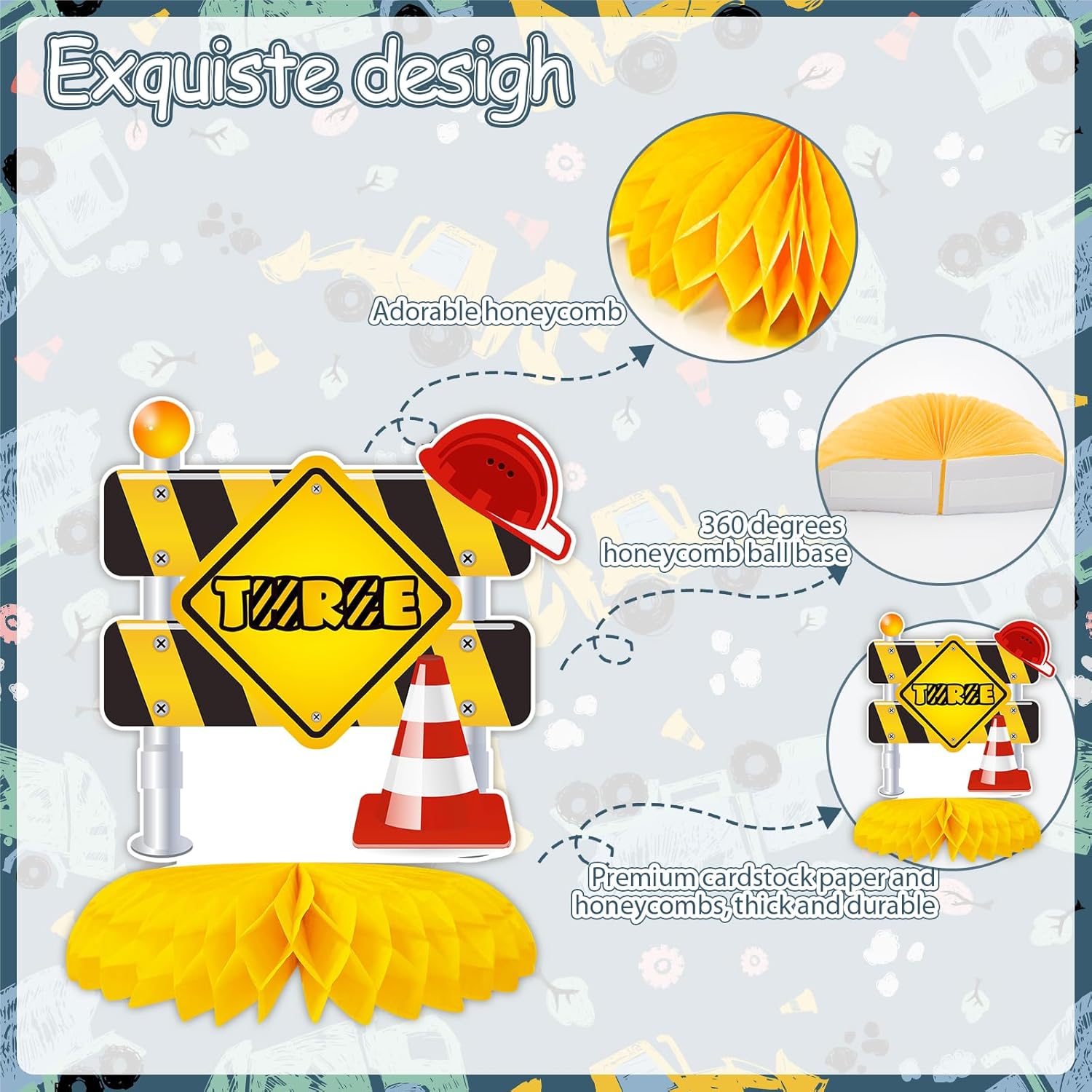 10 centros de mesa de construcción de panal de abeja para decoración de fiesta de tercer cumpleaños para niños, camión volquete, cono, zona de