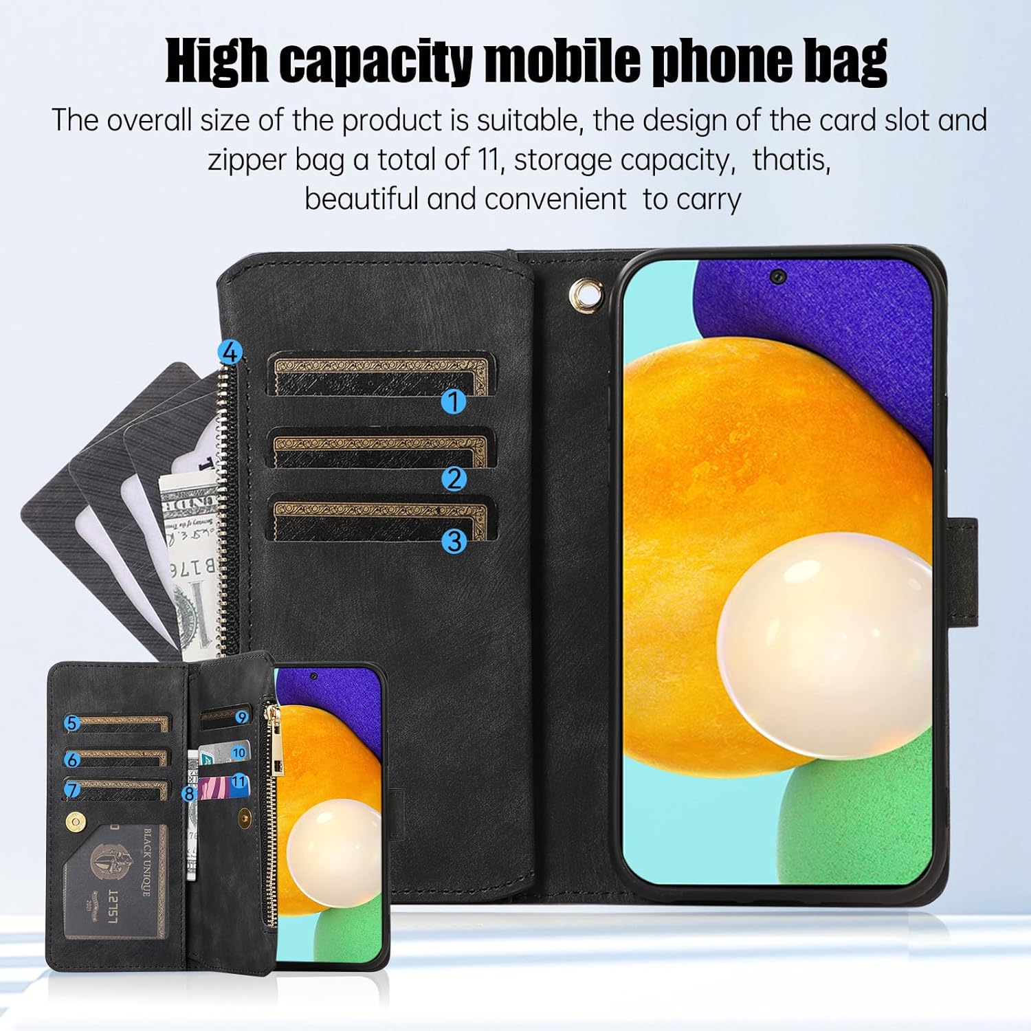 Funda de teléfono para Samsung Galaxy A52A52S 5G Funda tipo cartera con protector de pantalla de vidrio templado y correa para la muñeca de cuero