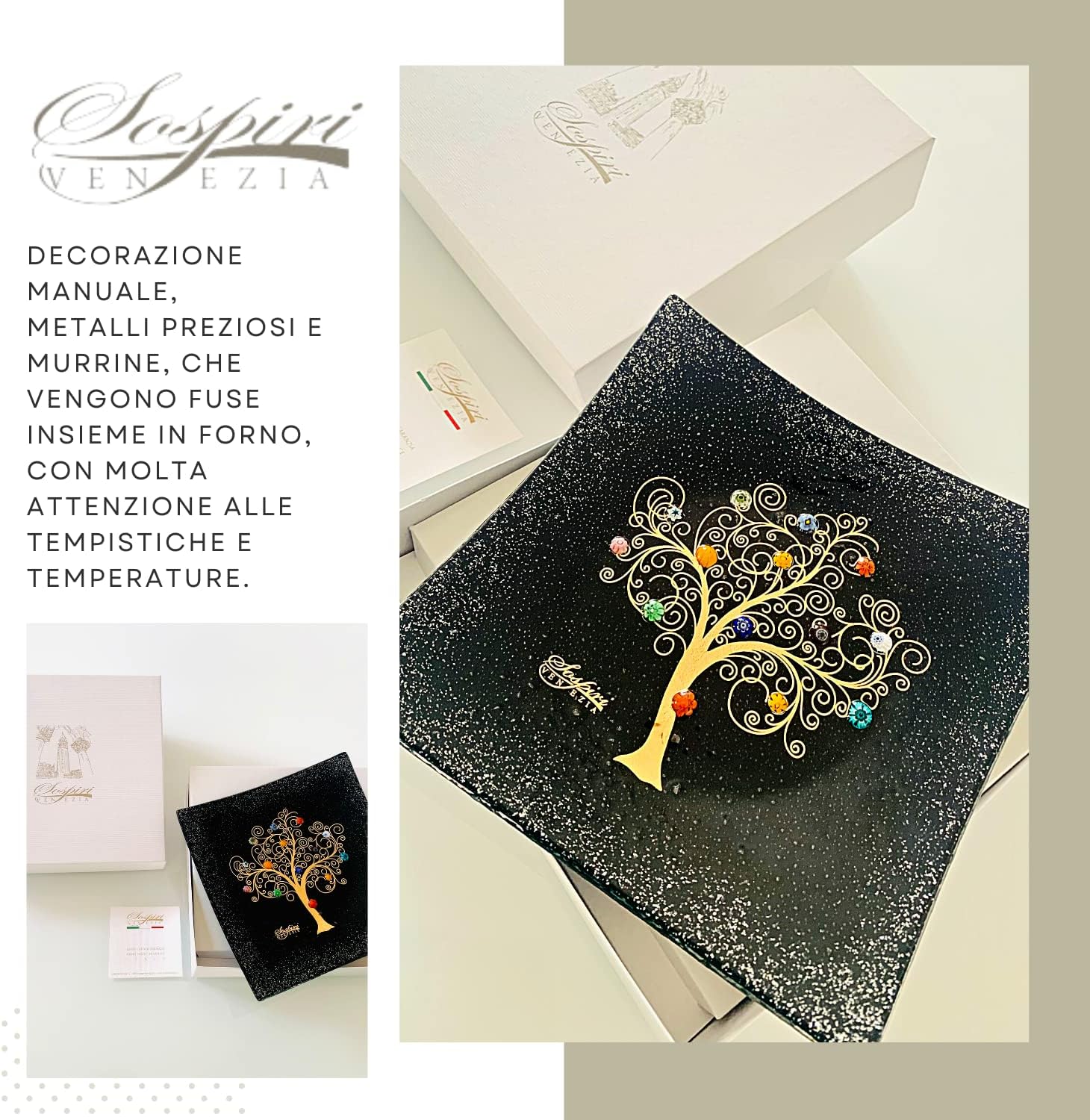 SOSPIRI VENEZIA Plato decorativo de cristal de Murano, cuenco decorativo de cristal, centro de mesa de regalo, árbol de la vida, bandeja para