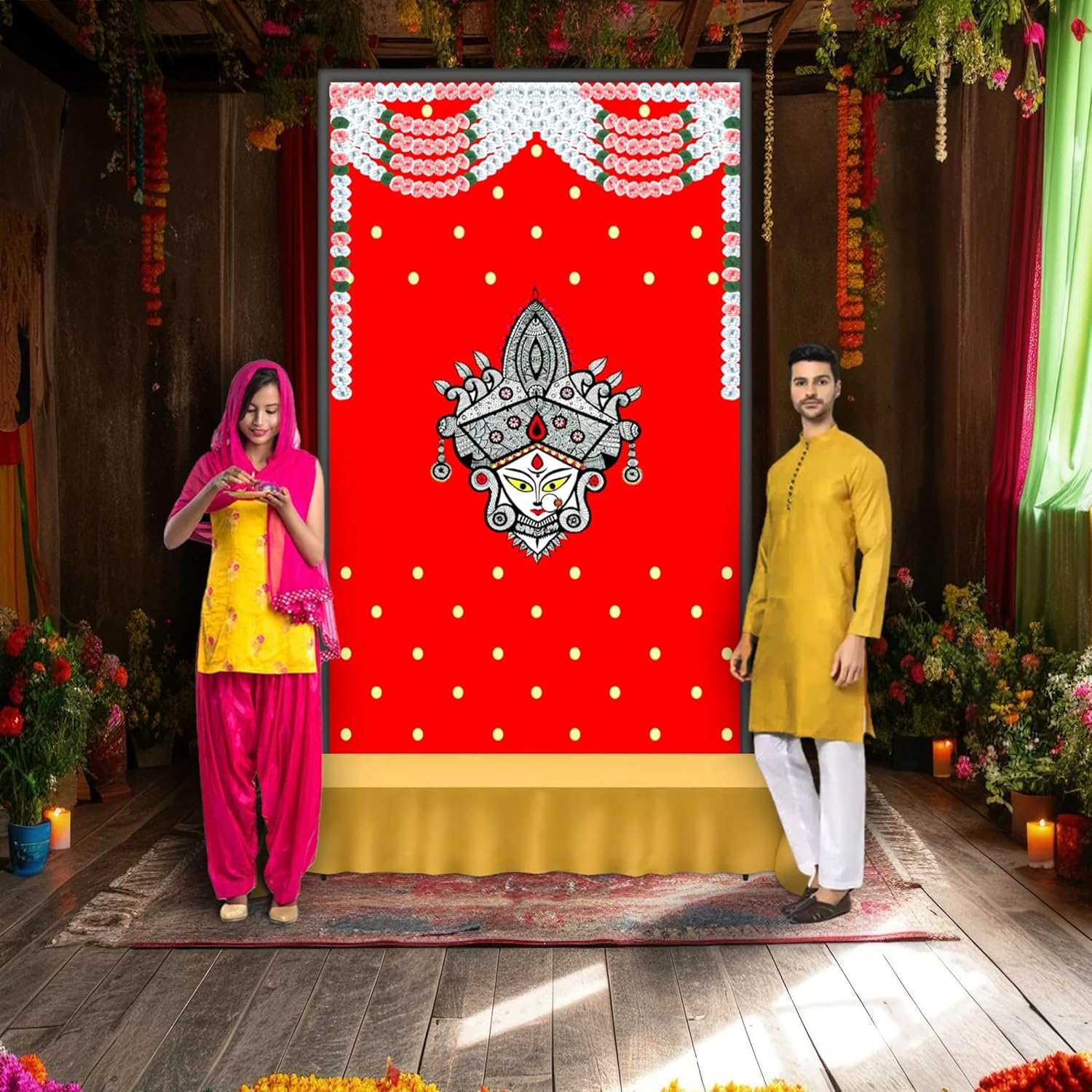 LoveNspire Decoración Durga Puja, Banner Durga Pooja, Fondo Durga Pooja, Fondo Navratri, Fondo Pooja, Telón de fondo de tela, Fondo Indio, Tela