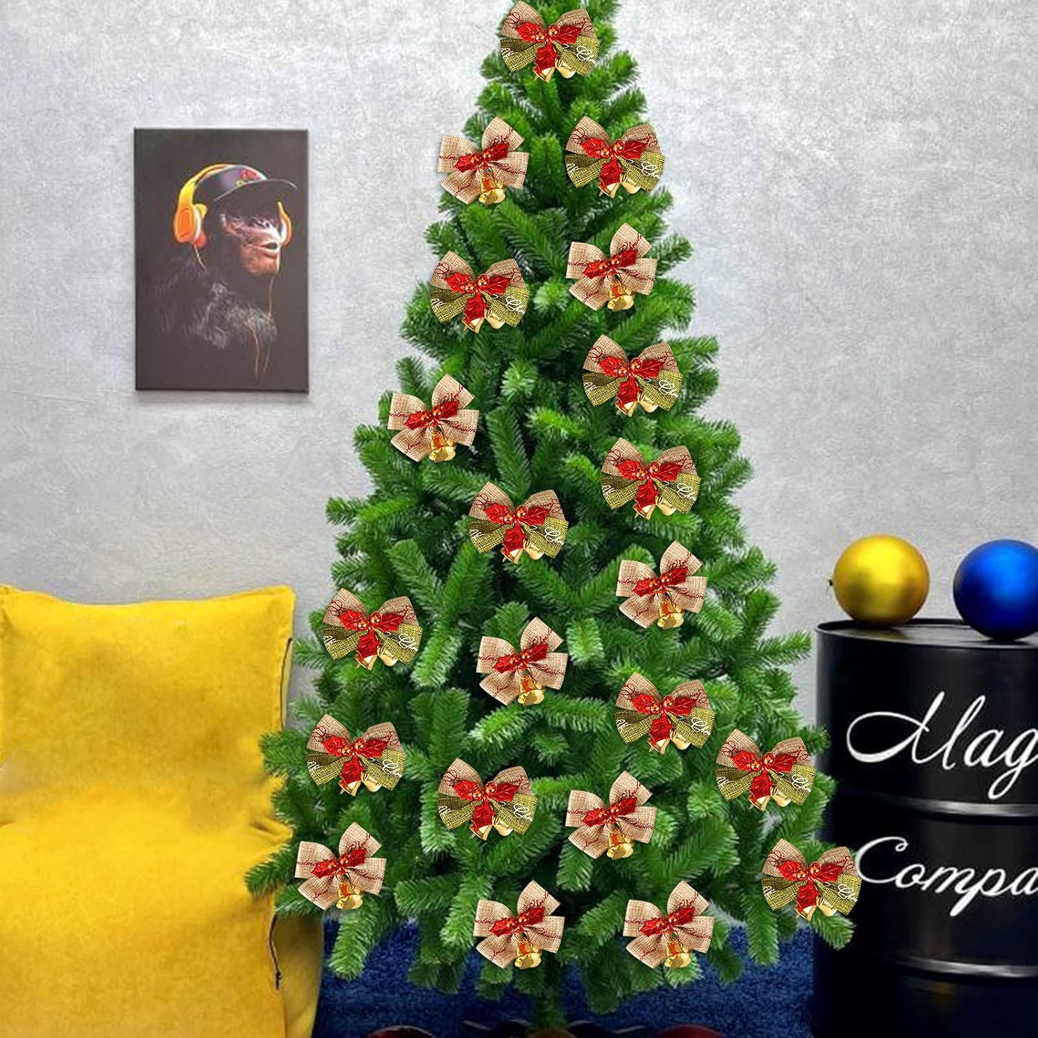 Adorno con forma de luz de pollo, 30 piezas de lazo de Navidad con mini cascabeles, lazos para árbol de Navidad, adornos de Navidad, bodas,