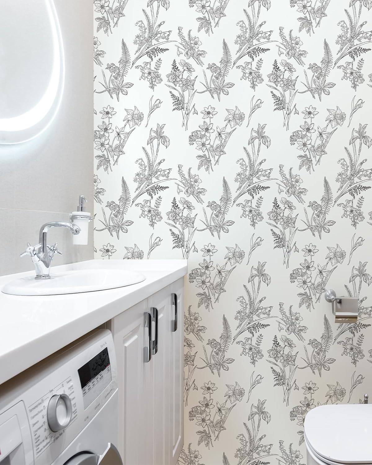 Papel tapiz floral en blanco y negro, papel de contacto floral para gabinetes, autoadhesivo, extraíble, para dormitorio, decoración moderna de pared