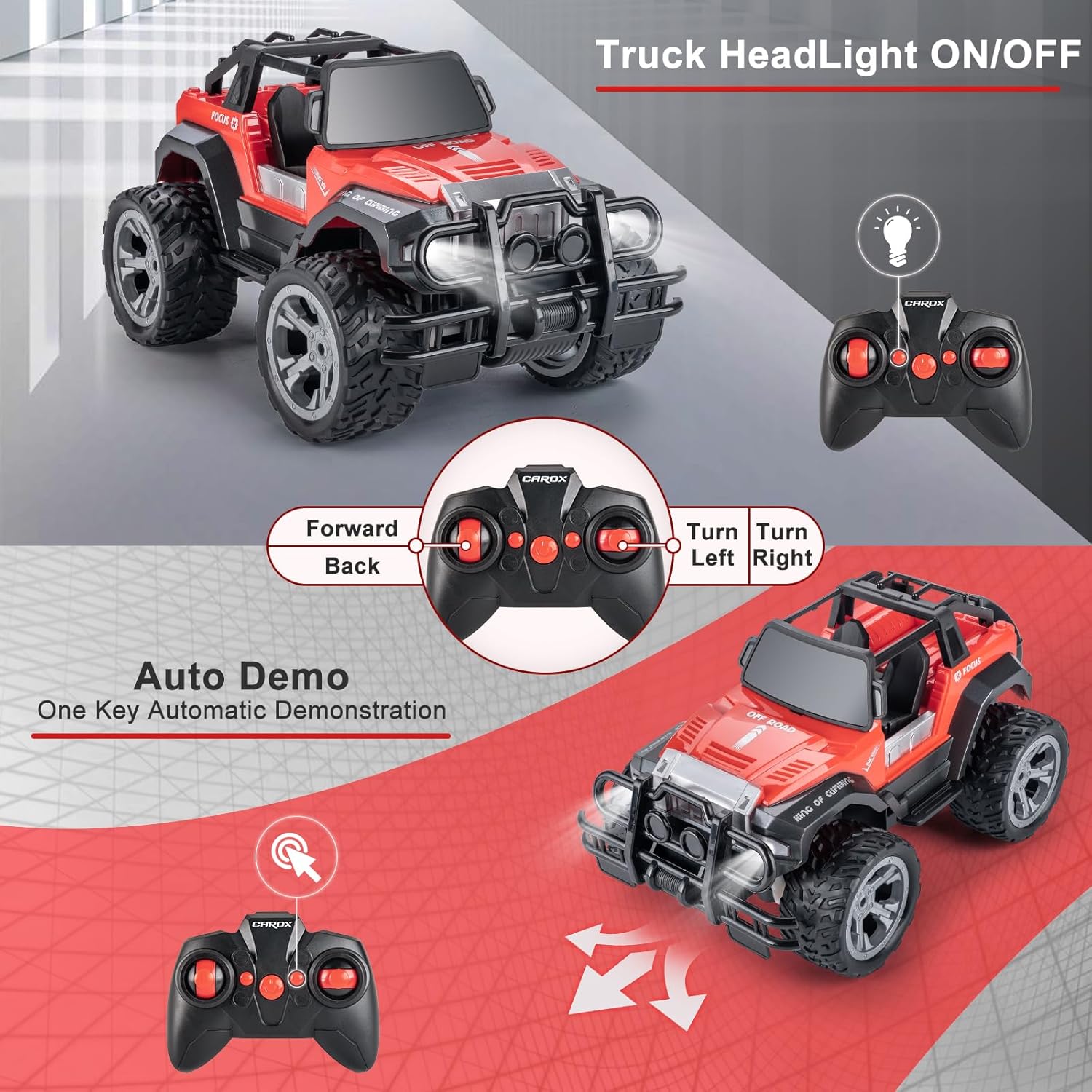 Carox Auto a control remoto para niños, camión de control remoto 116 con faro delantero y estuche de almacenamiento, 80 minutos de reproducción,