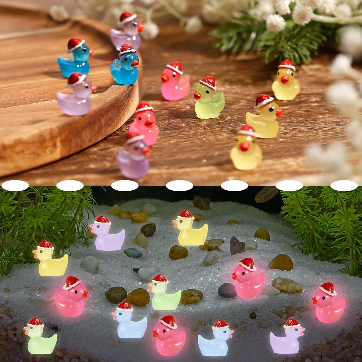 100 pequeños patos de Navidad, lindos mini patos de resina en miniatura, decoración de paisaje, mini patos luminosos para jardín en miniatura, casa