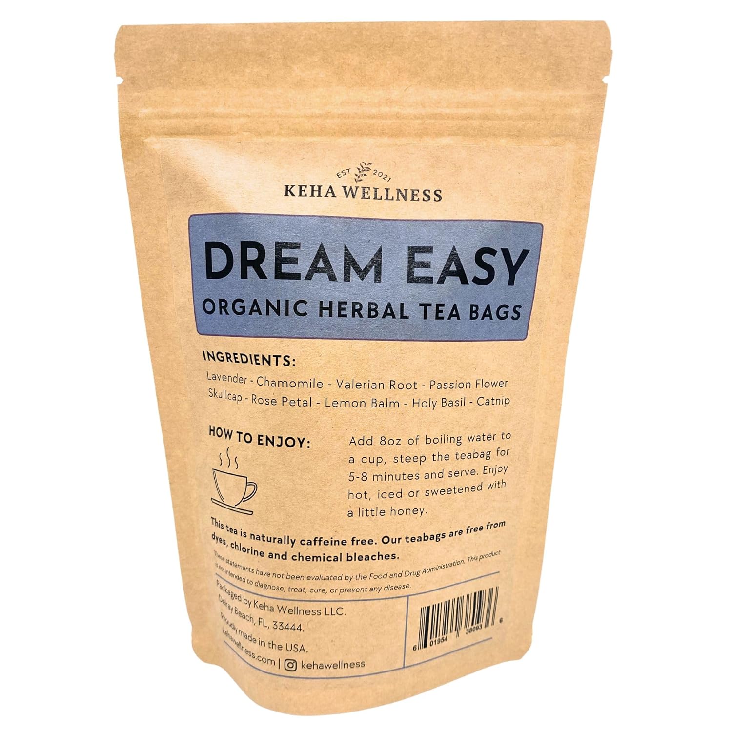 Keha Wellness Organic Dream Easy – Bolsas de té de hierbas  15 bolsas de té extra completas y extra sabor  Sin cafeína  Té para dormir  Té nocturno