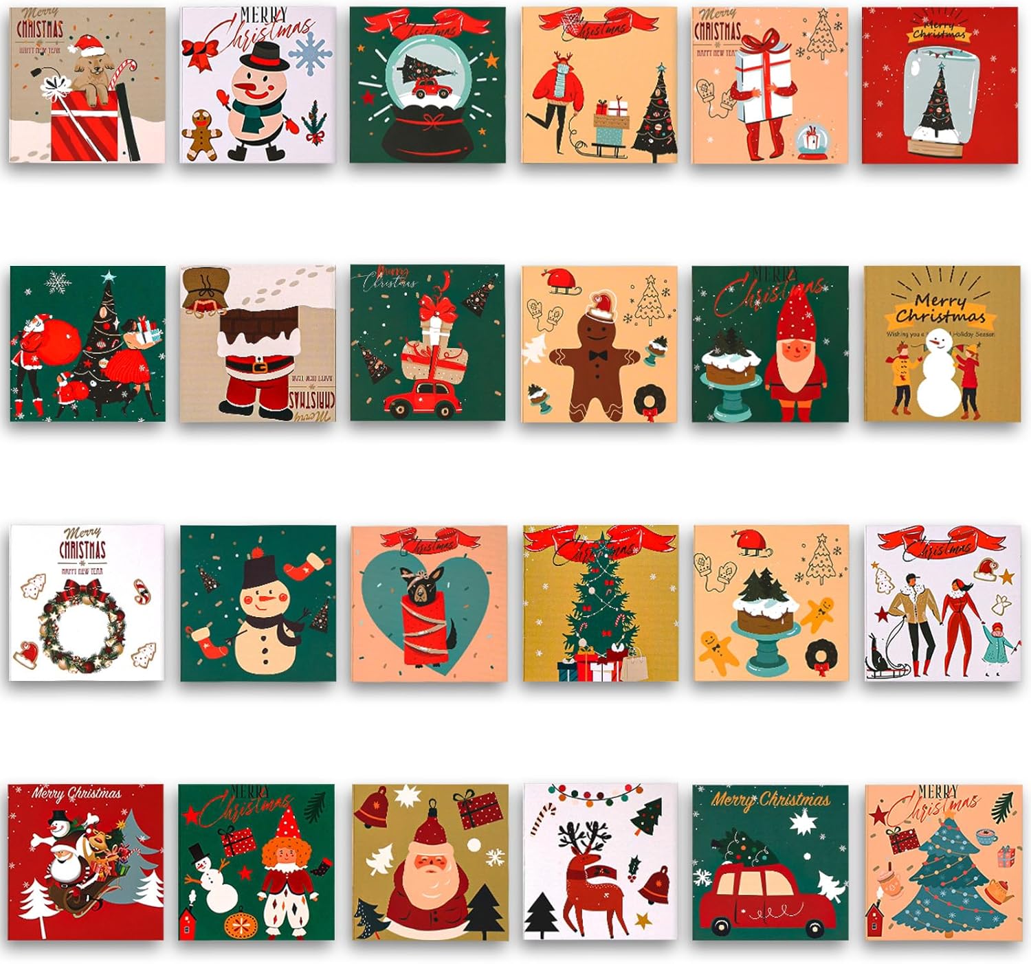 24 mini tarjetas de felicitación de Navidad, 3 x 3 pulgadas, tarjetas de felicitación de Feliz Navidad, tarjetas de Navidad surtidas, paquete de