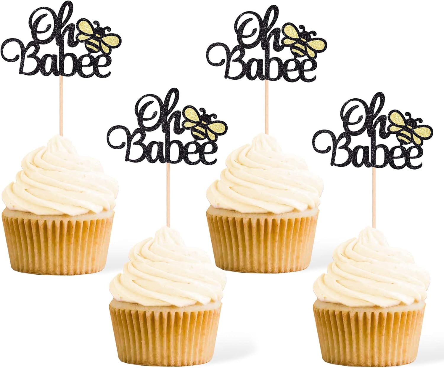 24 piezas Oh Babee para cupcakes con purpurina negra de doble cara Sweet Bumble Bee Baby Cupcake Picks Baby Shower para decoración de pasteles
