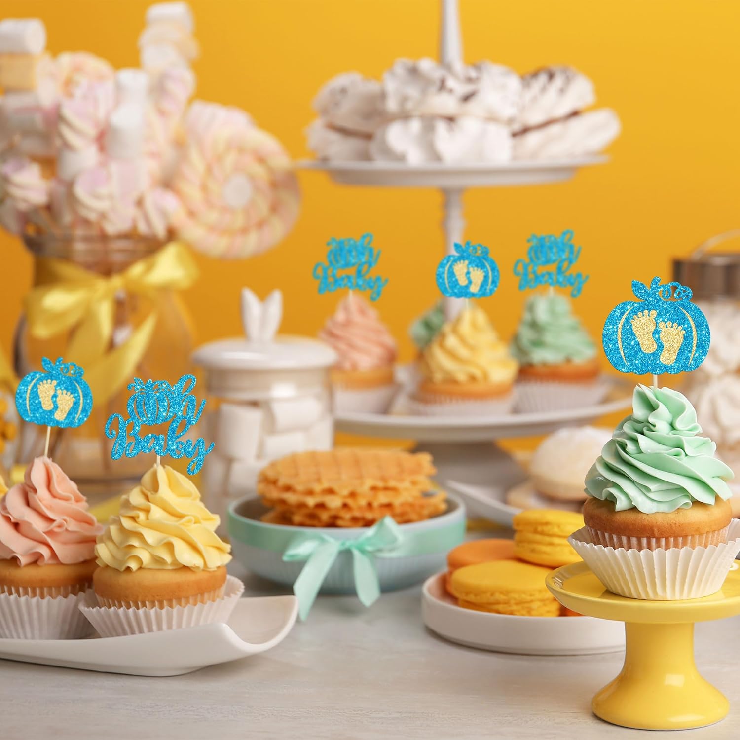 Gyufise 24 piezas de calabaza Oh Baby Cupcake Toppers Glitter Boy Baby Shower Calabaza Cupcake Picks Baby Feet Decoraciones para pasteles temáticos