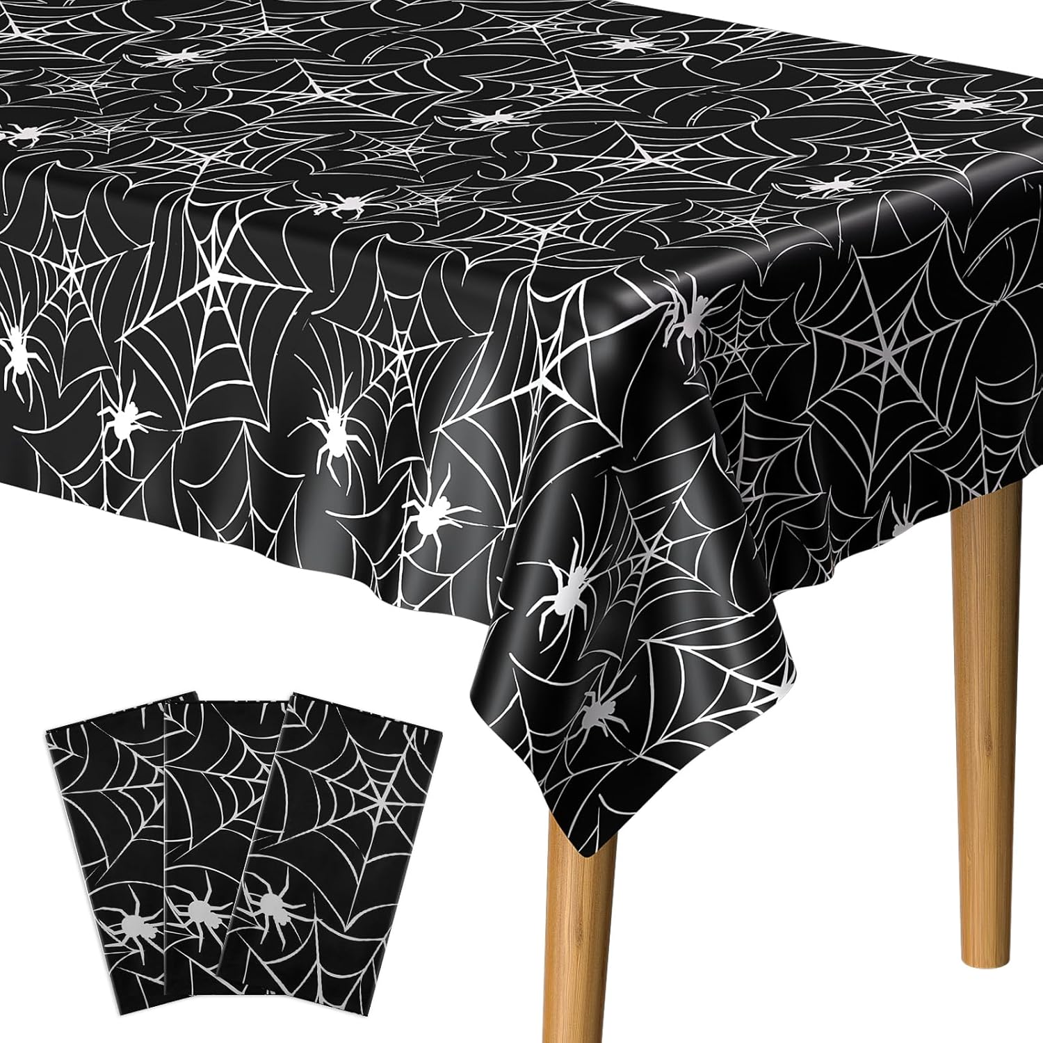 PLULON Paquete de 3 manteles de Halloween de 54 x 108 pulgadas, mantel de plástico de tela de araña para decoración de mesa de cena de vacaciones,