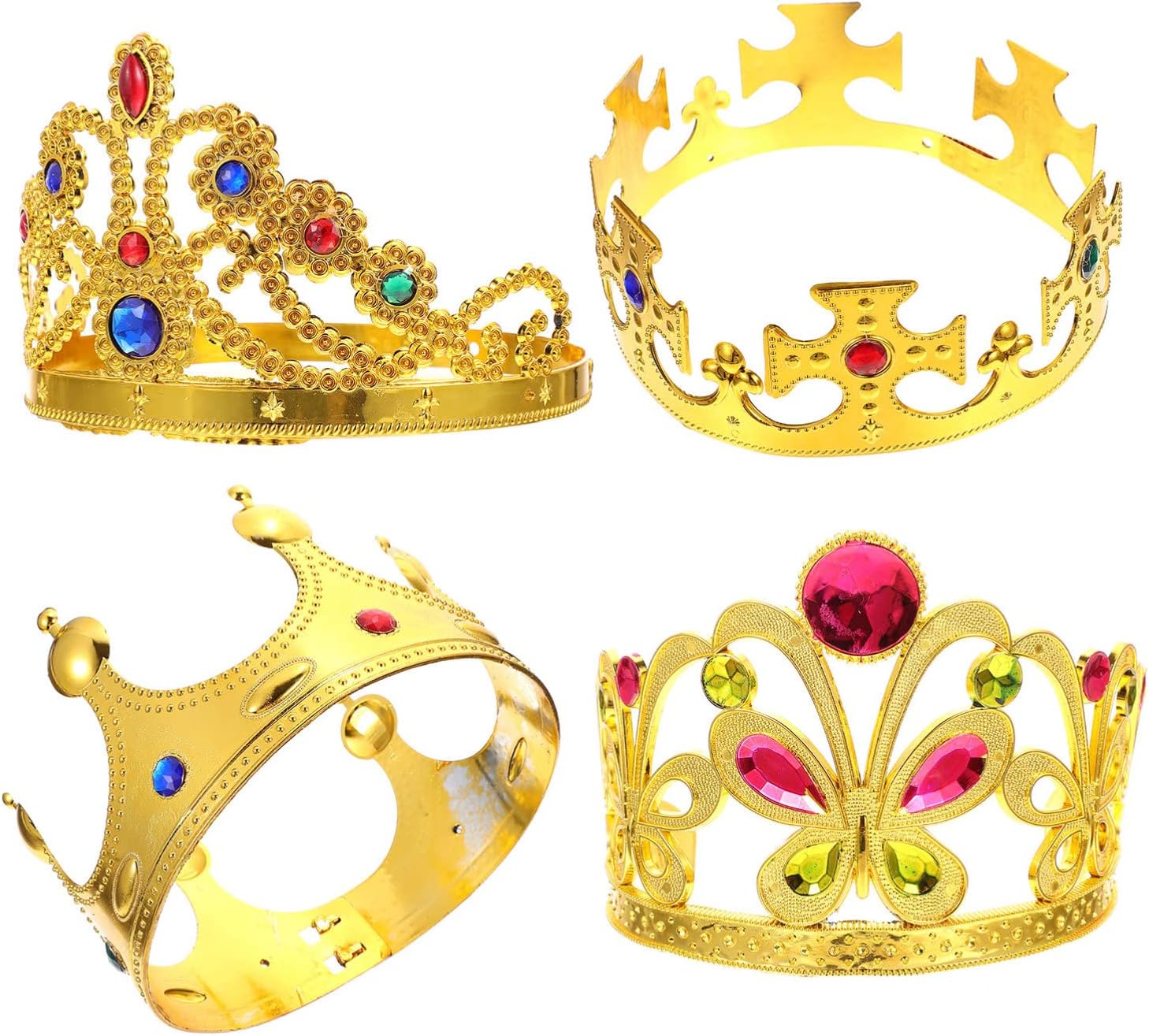 Ipetboom Juego de 4 coronas, corona de oro con diamantes de imitación, corona de rey y reina, corona de cumpleaños para fiesta, accesorios de