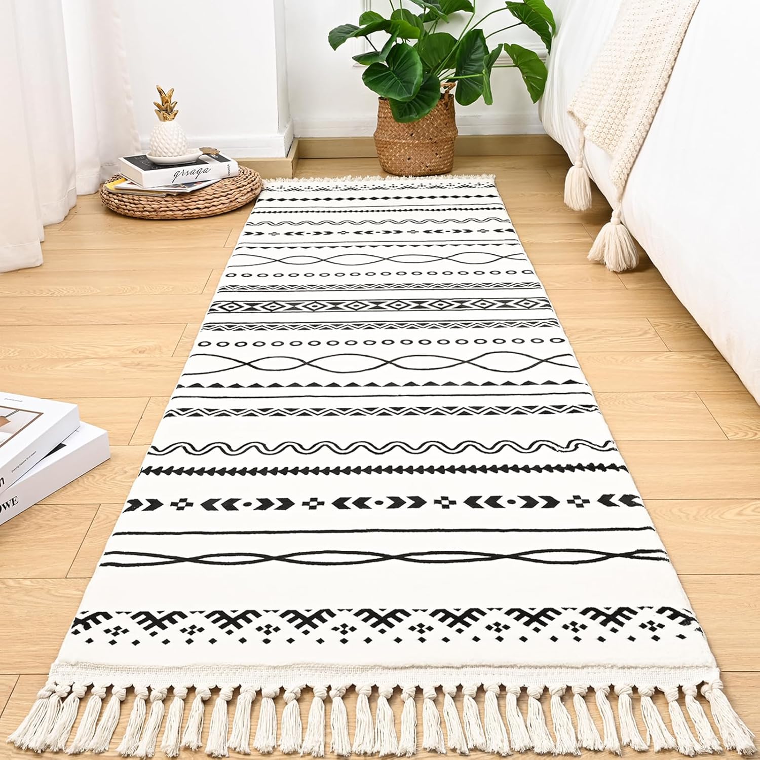 Alfombra de pasillo de 2 x 6 pies, alfombra marroquí esponjosa con borlas, alfombra rústica para habitación de entrada, alfombra geométrica para