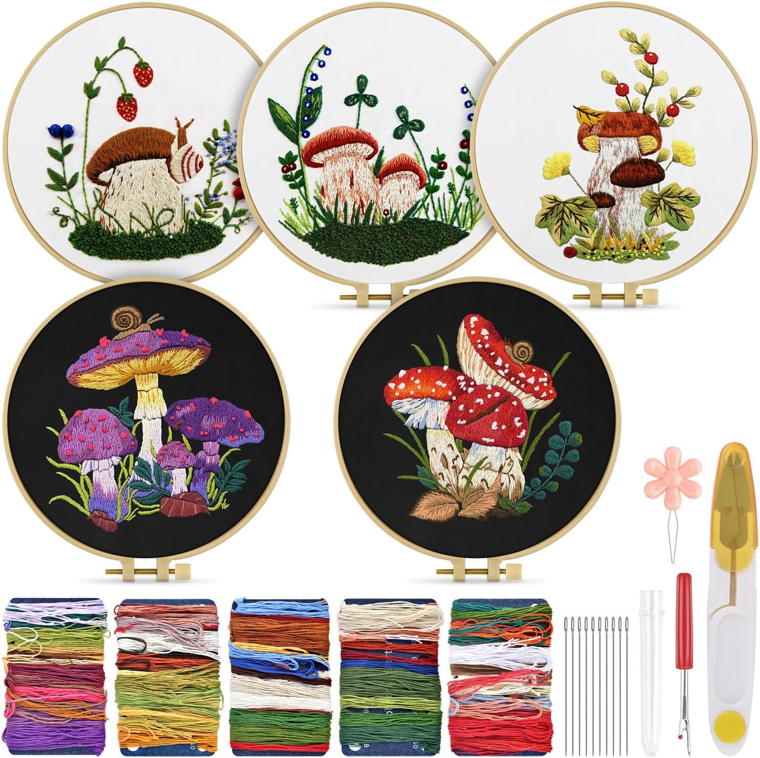 TINDTOP Kit de bordado para adultos para principiantes, 5 juegos de bordado de hongos para principiantes, incluye aros de tela bordada, hilos para