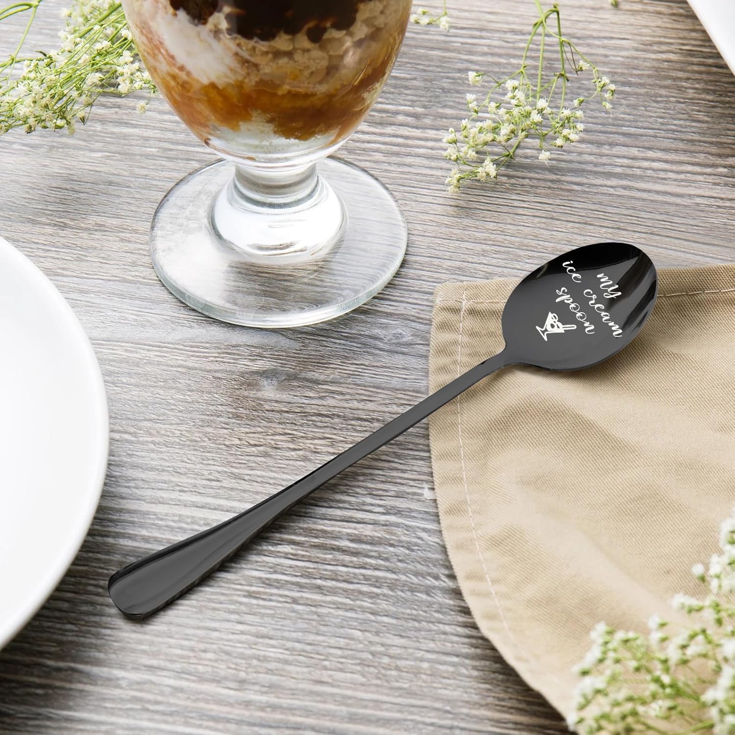 PZJIEAN My Ice Cream Spoon – Cuchara negra grabada de acero inoxidable, divertida cuchara de helado, cuchara de café, regalos para amantes del