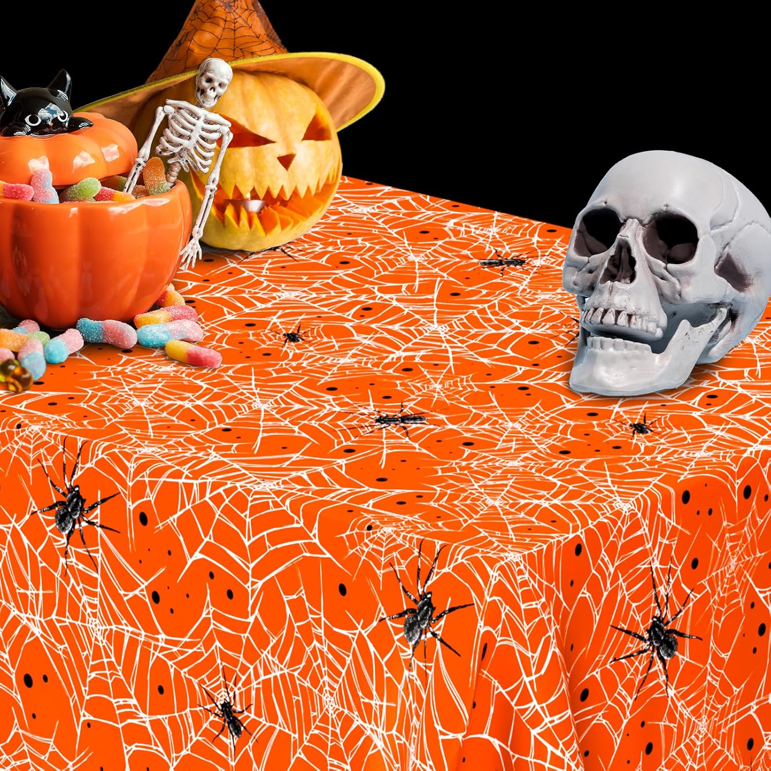 Manteles de arañas y telarañas de Halloween de 108 x 54 pulgadas, manteles desechables para fiesta de Halloween, manteles impermeables y duraderos