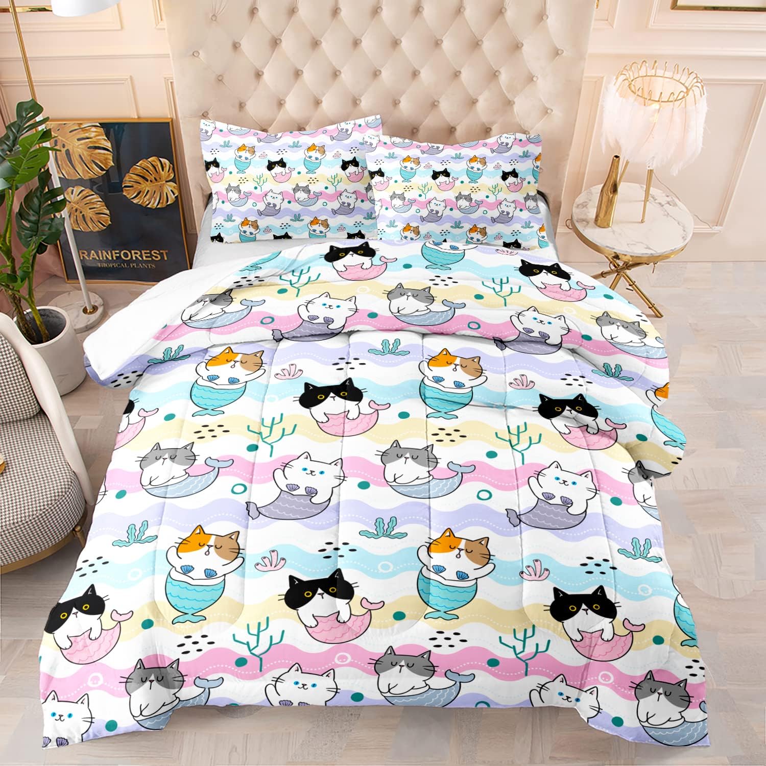 CVHOUSE Juego de edredón Kawaii de gato, tamaño individual, juego de ropa de cama Kawaii de dibujos animados para niños, lindo juego de edredón de