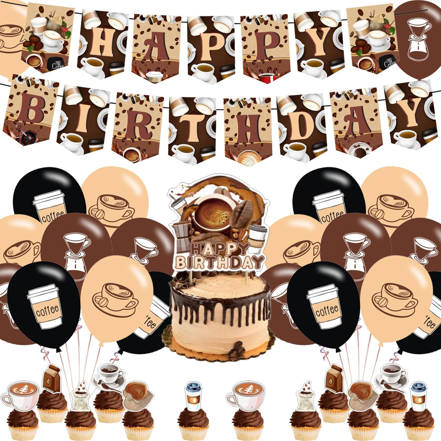 Suministros de fiesta de cumpleaños de café, decoraciones de fiesta de café, temática de fiesta de café, incluye globos, pancarta, adornos para