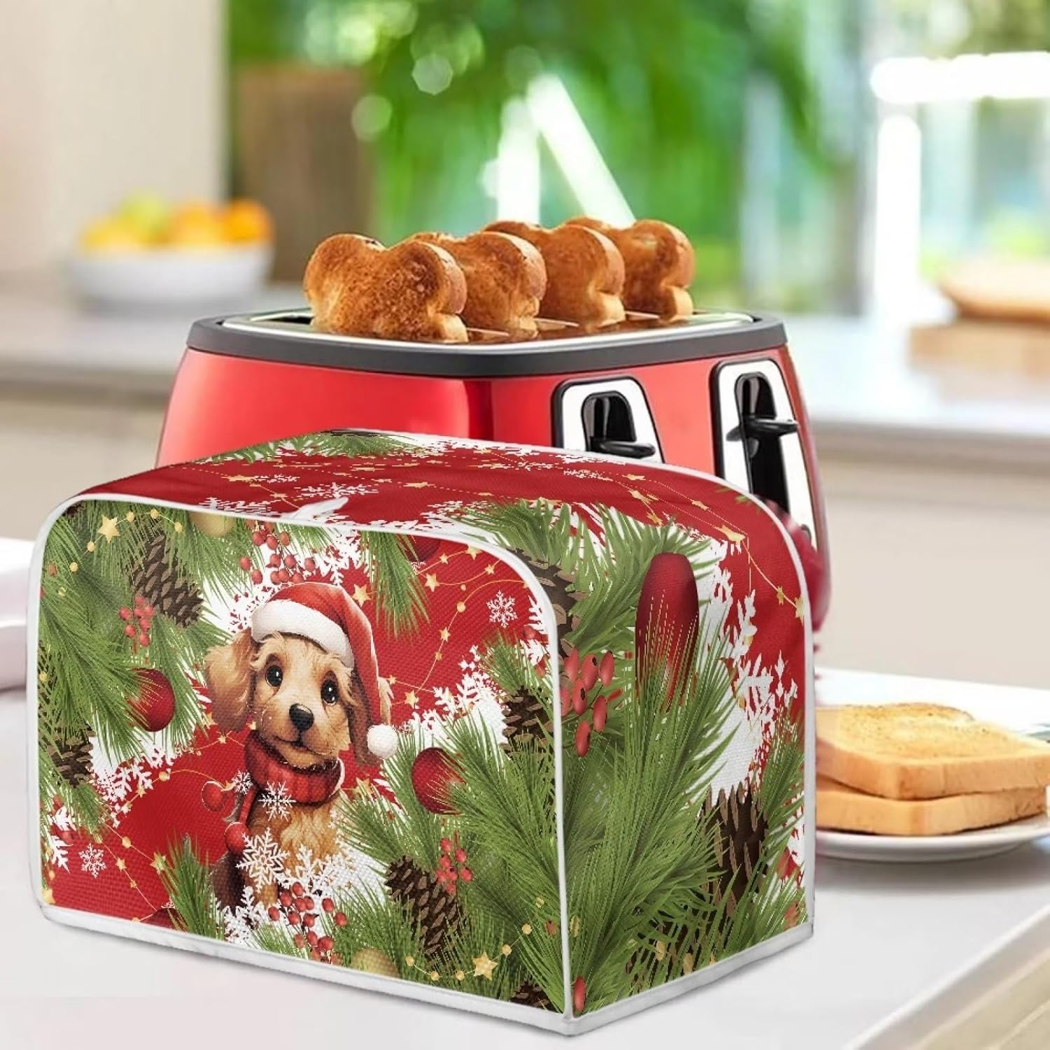 UNICEU Cubierta acolchada para tostadoras de 4 rebanadas de cachorro de Navidad, a prueba de polvo, cubierta para hacer pan, cubierta antipolvo para