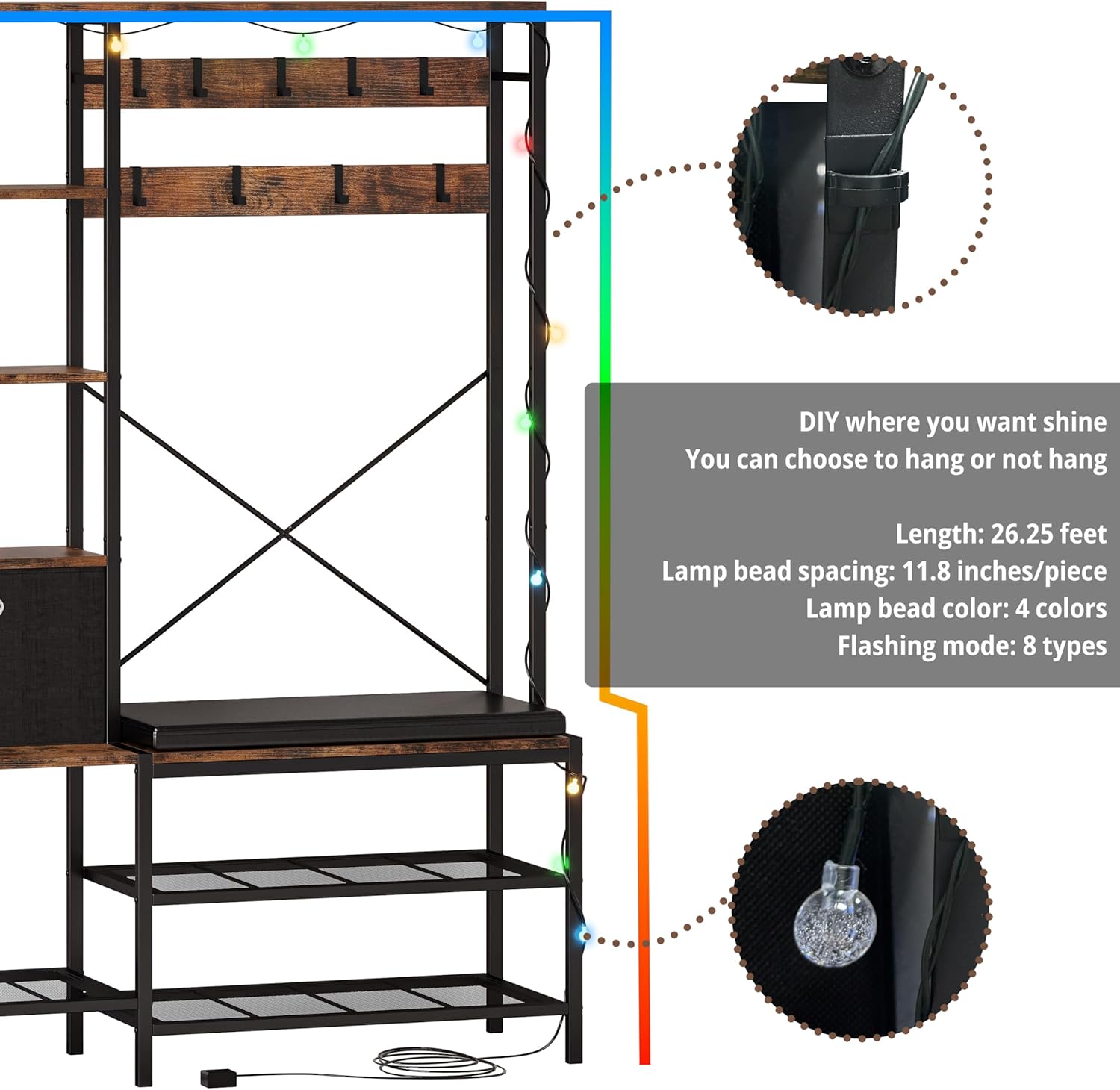 IRONCK Árbol de pasillo con luz, banco de zapatos de entrada, cesta de almacenamiento de tela, perchero, estantes reversibles de 5 niveles, ganchos
