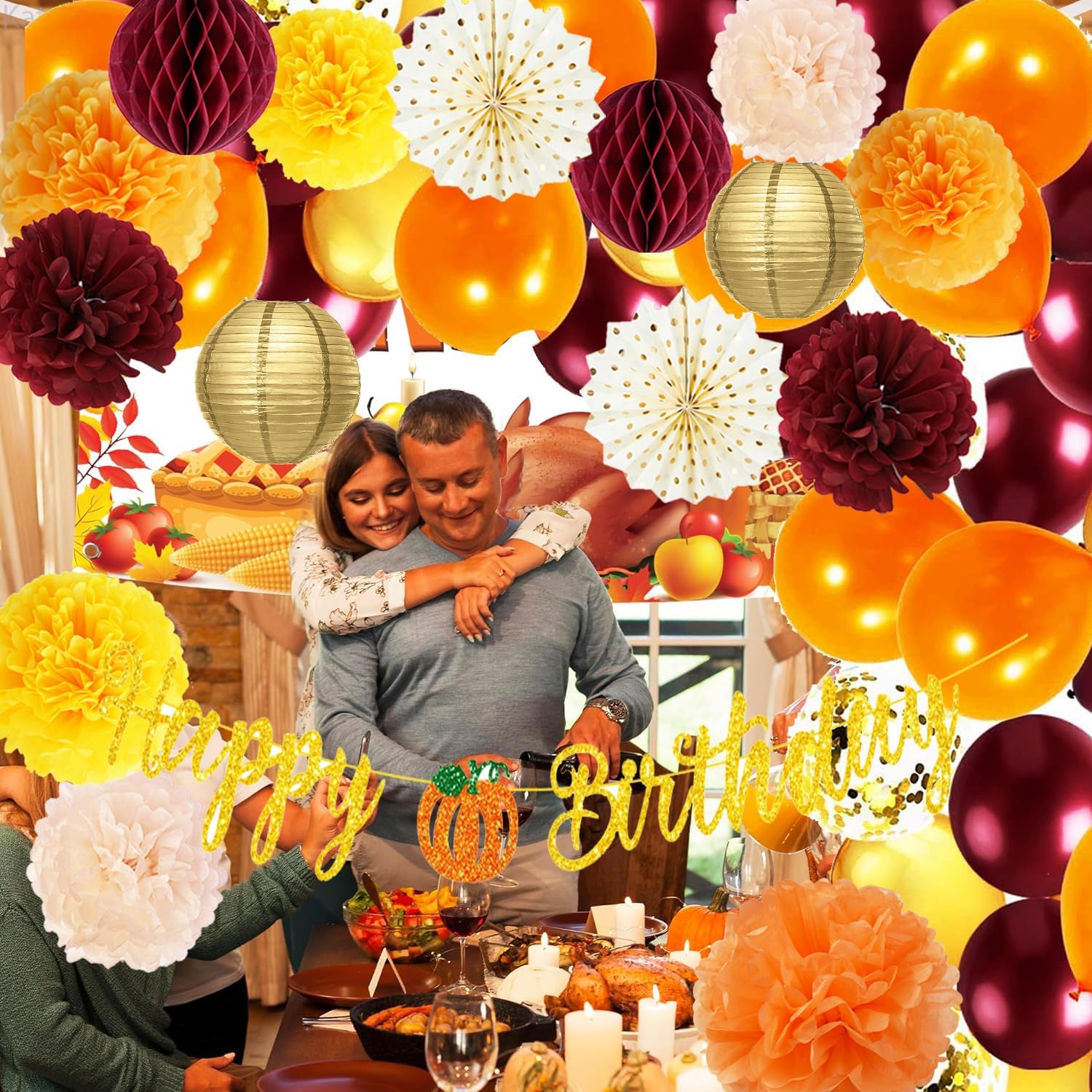 Decoraciones de fiesta de cumpleaños de otoño, color naranja granate, oro naranja, Acción de Gracias, cumpleaños, granate, amarillo, mujer, burdeos,