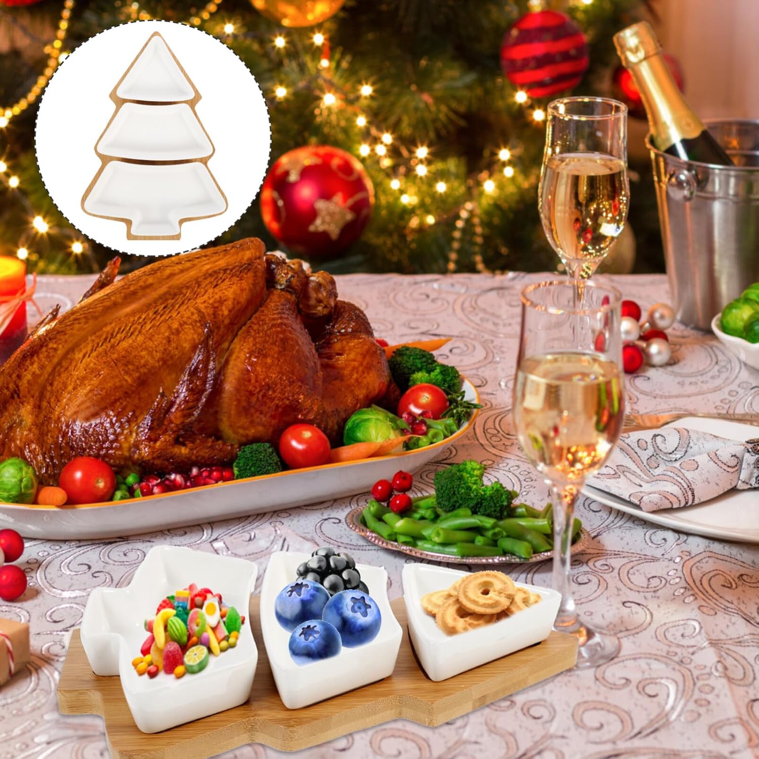 Angoily Bandeja de cerámica con forma de árbol de Navidad para entretenimiento, plato de servir alimentos con base para aperitivos, aperitivos,