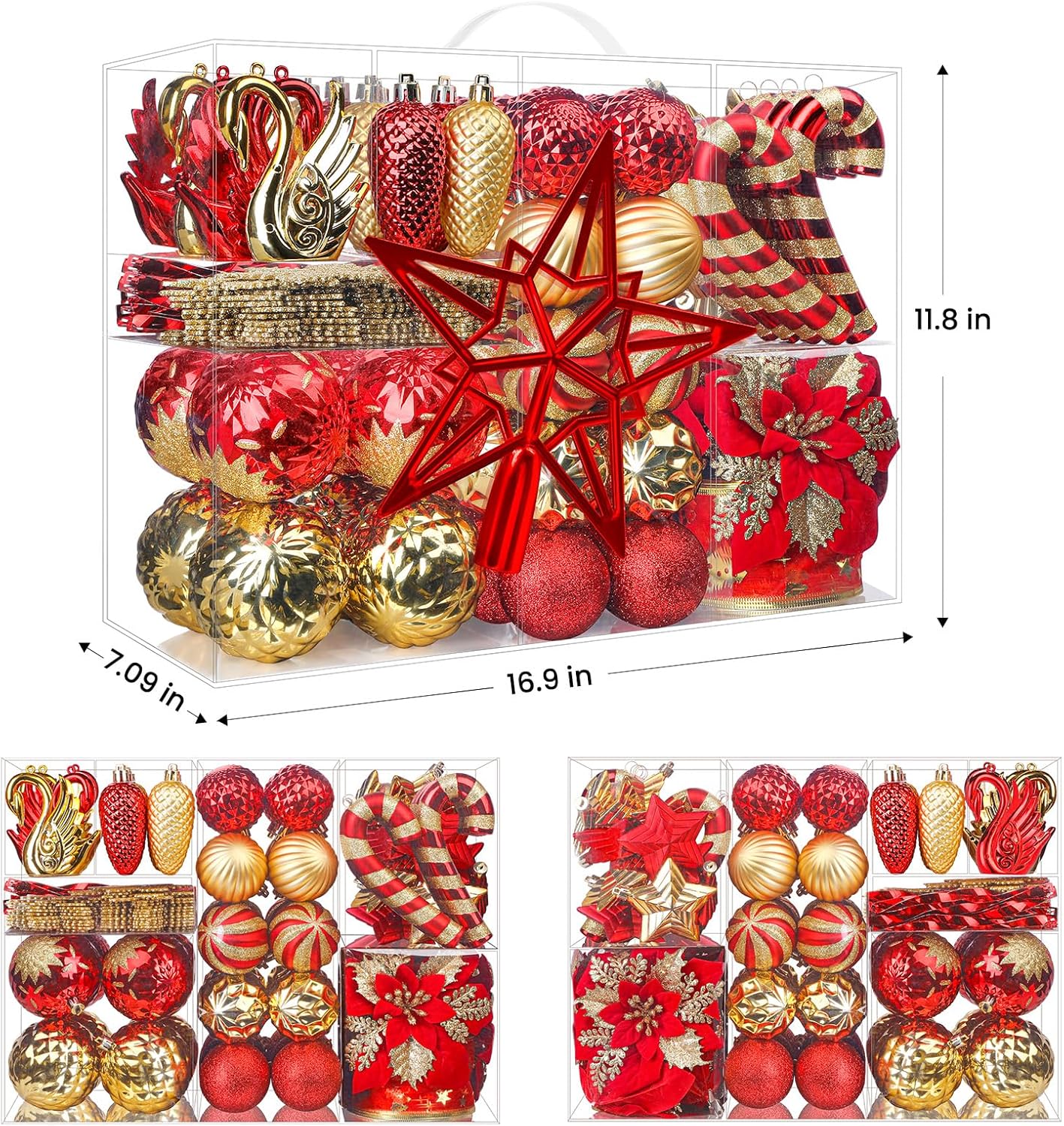 Alupssuc Juego de 128 adornos de bolas de Navidad, bolas de plástico inastillables, flores de Navidad, cinta y adorno para árbol de Navidad,